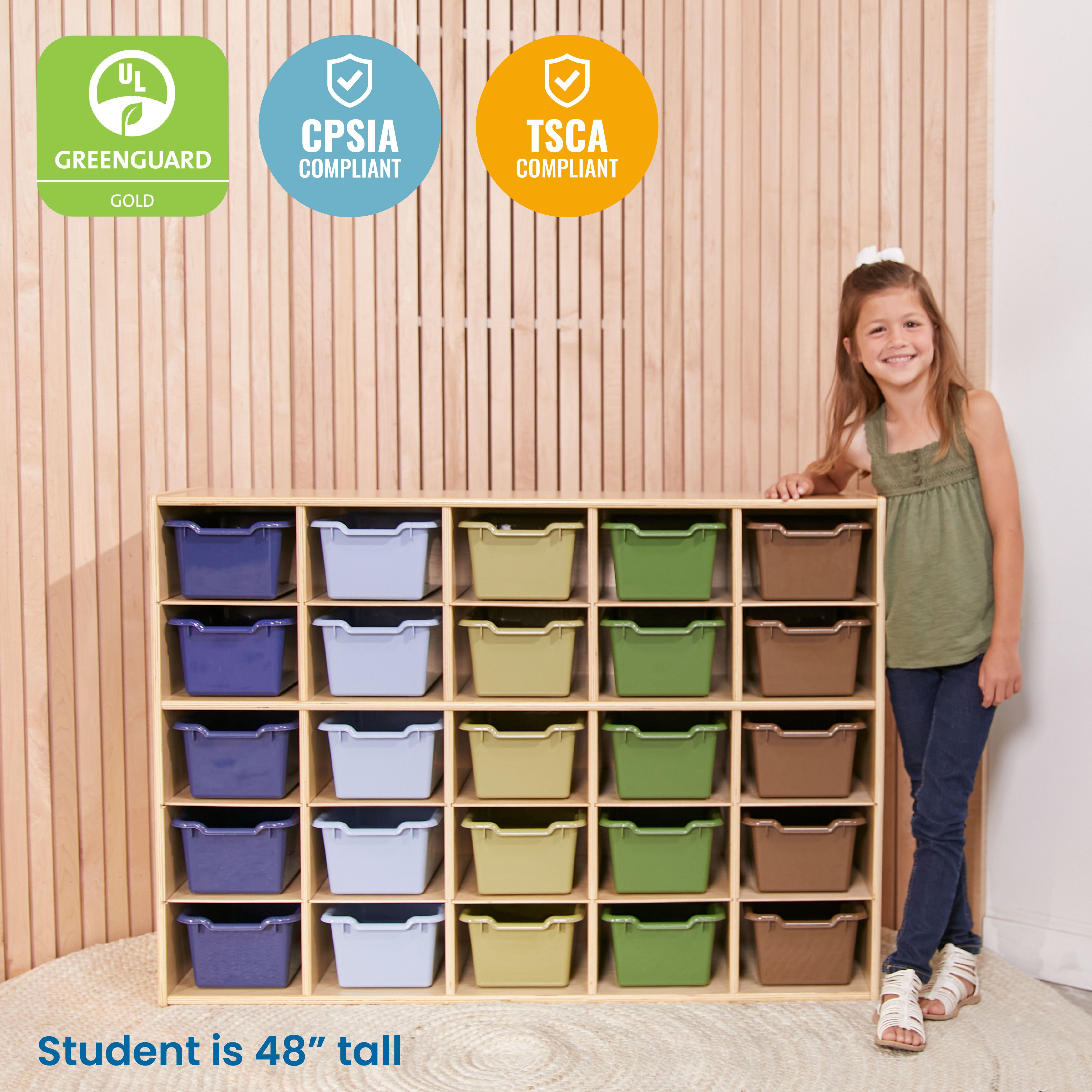 Streamline 25 Cubby Tray Cabinet with 25 Scoop Front Storage Bins, 5x5, Natural
