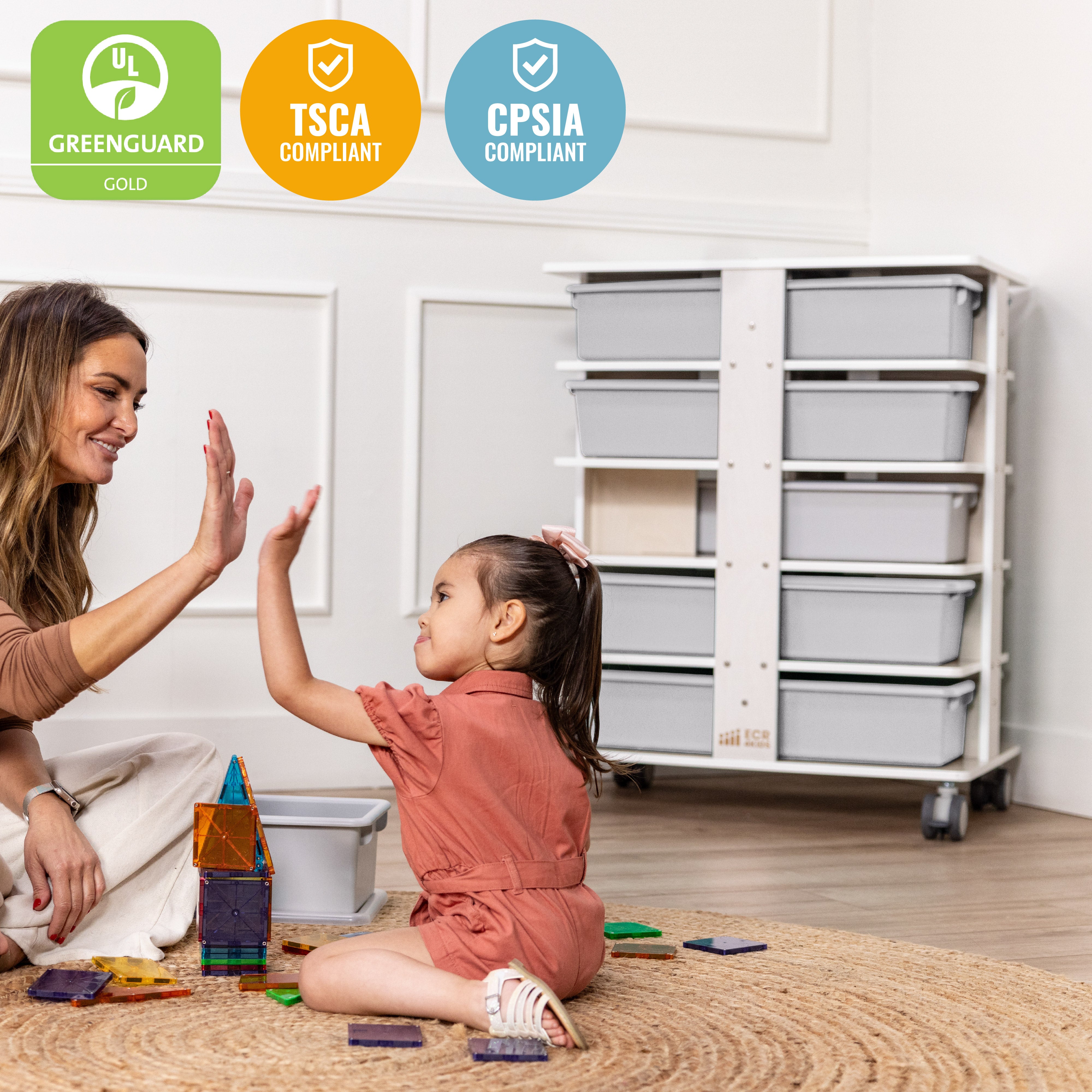 20-Compartment Mobile Storage Tower with Cubby Bins with Lids, 5x4, White Wash, Classroom Furniture