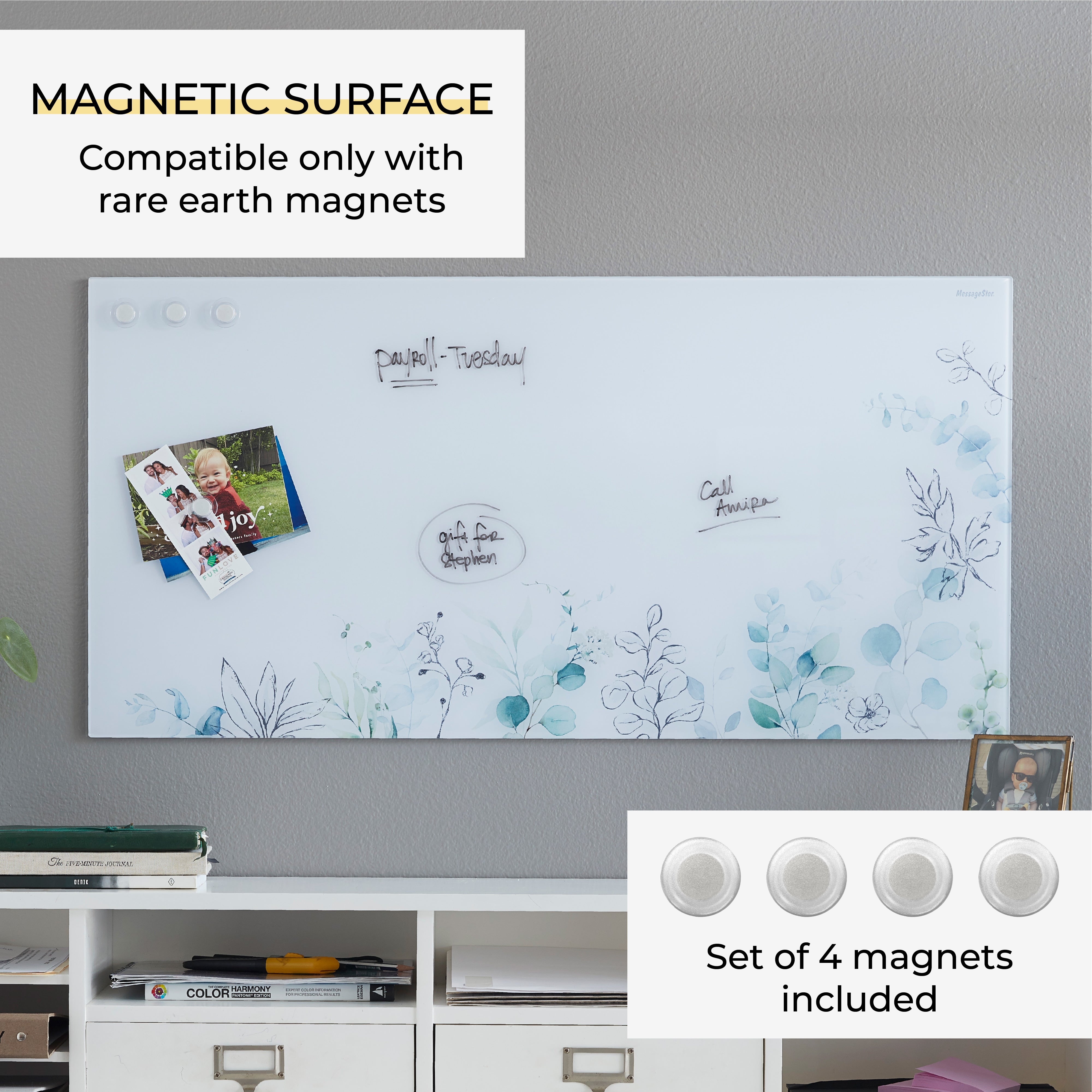 MessageStor Magnetic Dry-Erase Glass Board with Magnets, 18in x 36in
