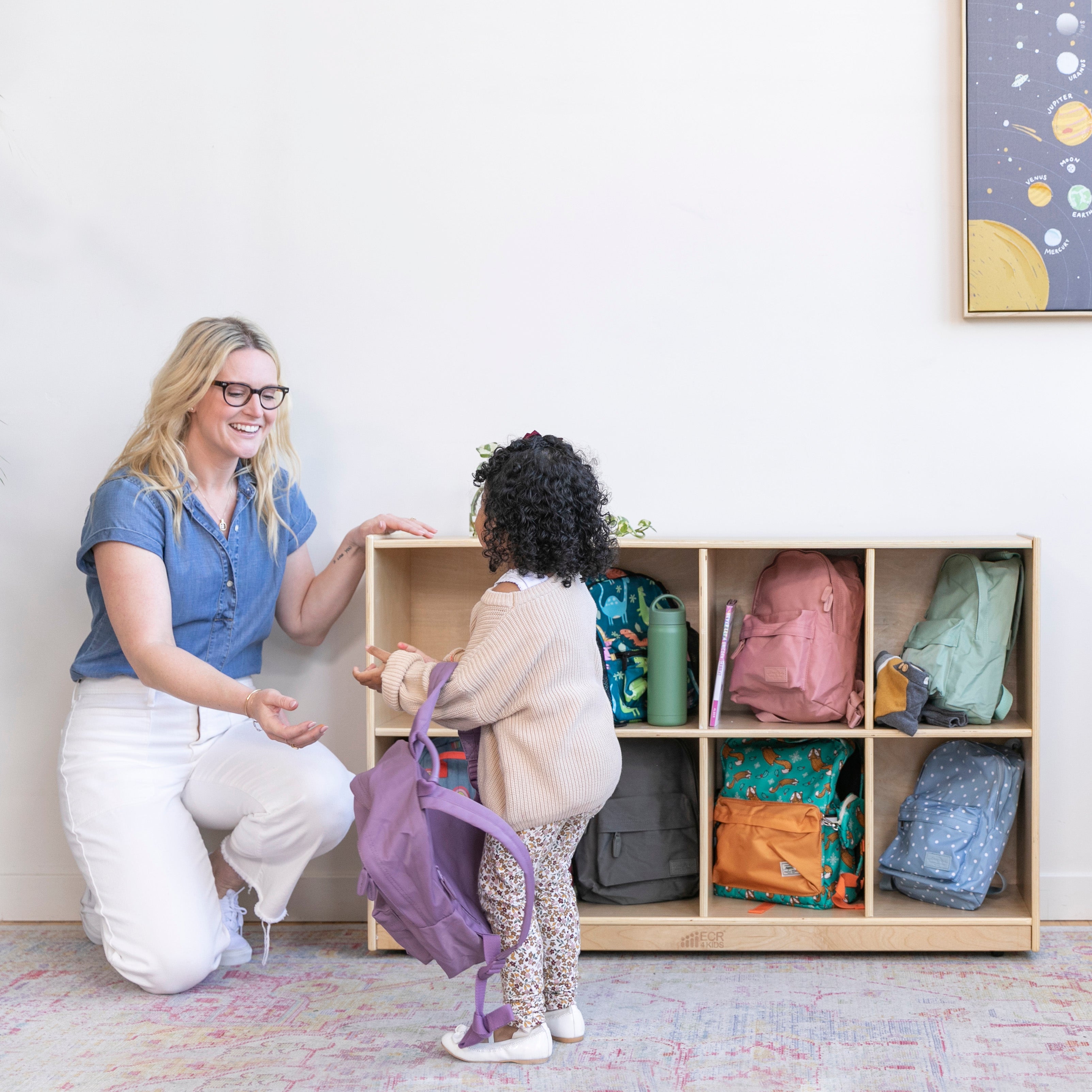Preschool Classroom Organization Package with Book Display, Backpack Organizer and Storage Cabinet