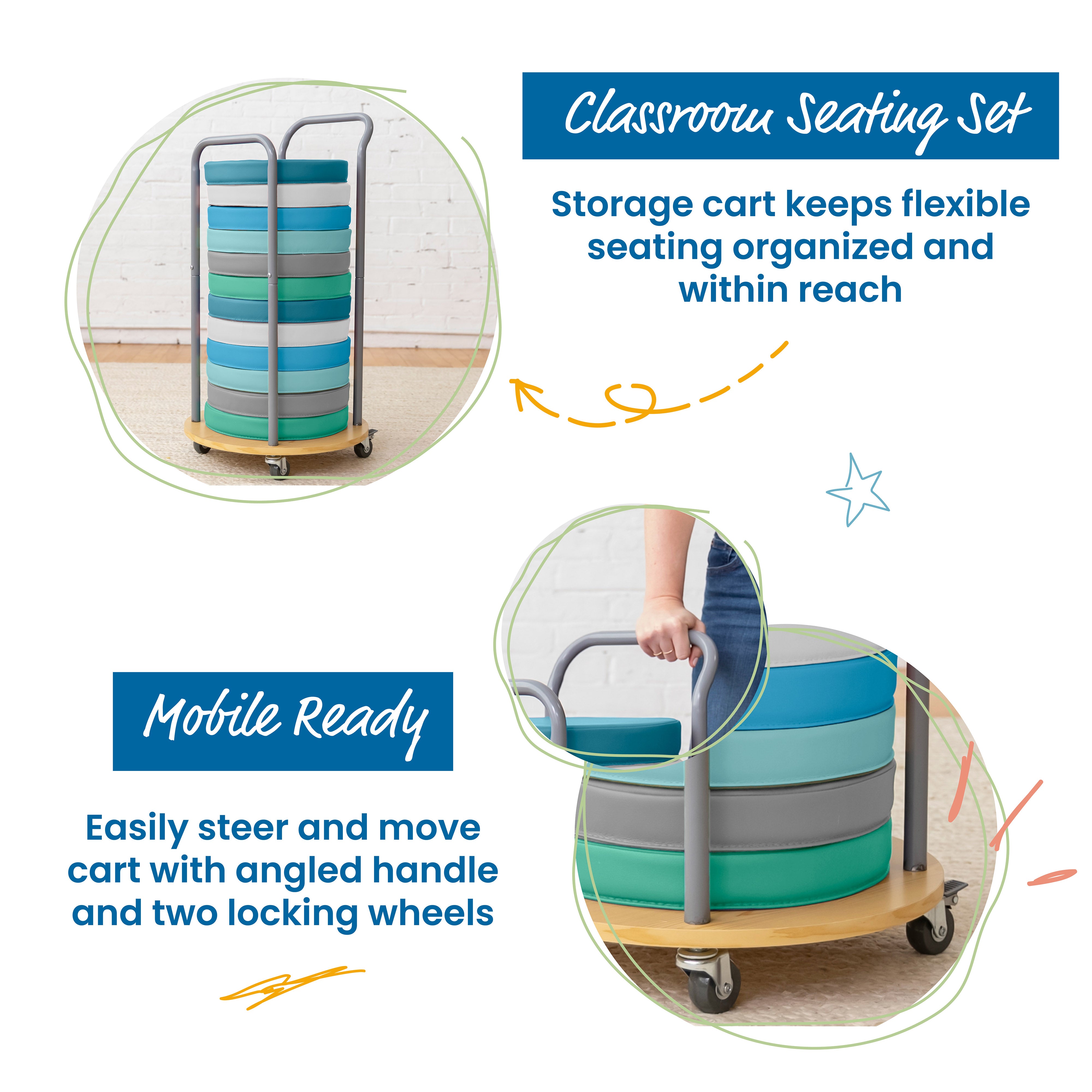 Round Floor Cushions and Mobile Cart, 12-Piece