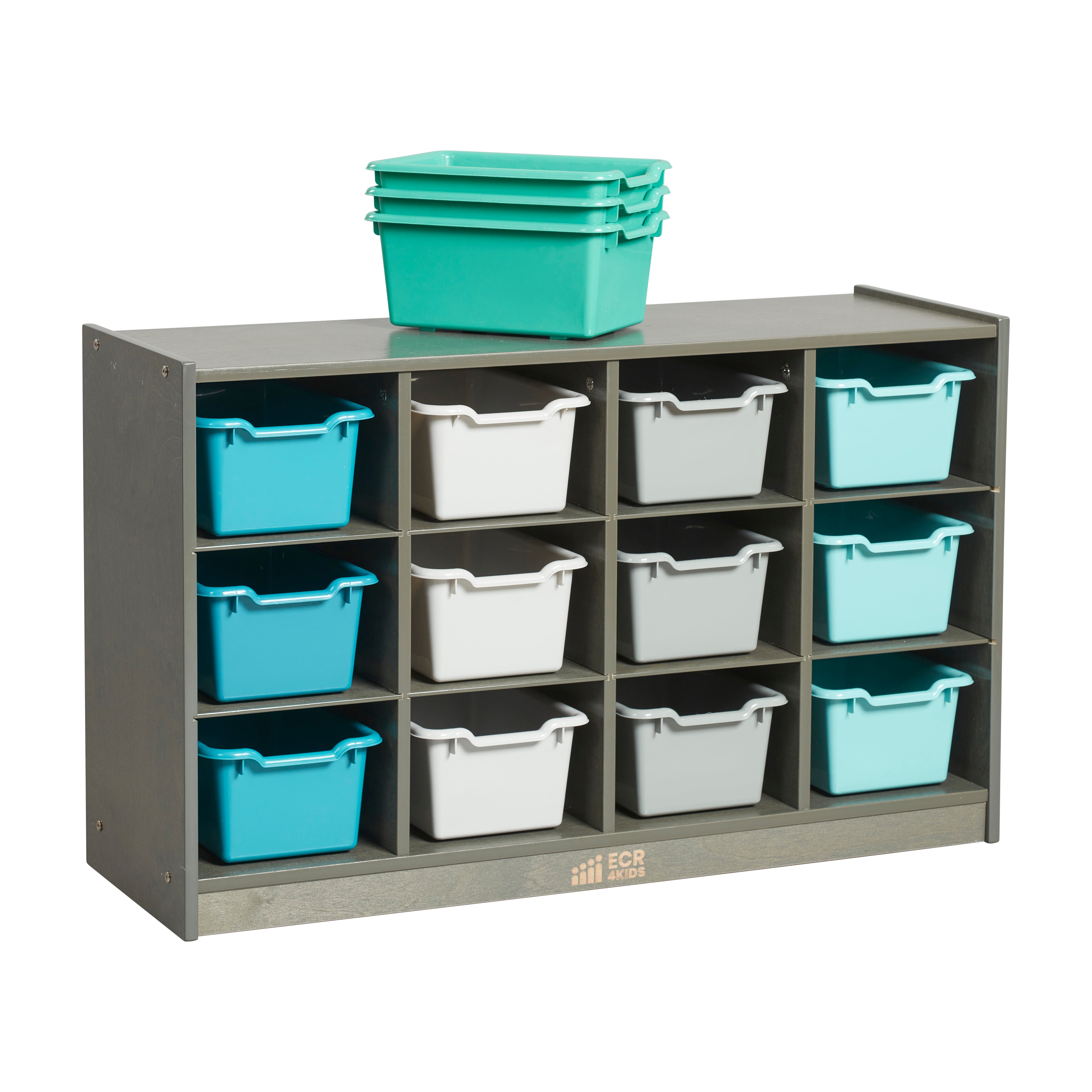 12 Cubby Mobile Tray Cabinet with 15 Scoop Front Storage Bins, 3x4, Grey Wash