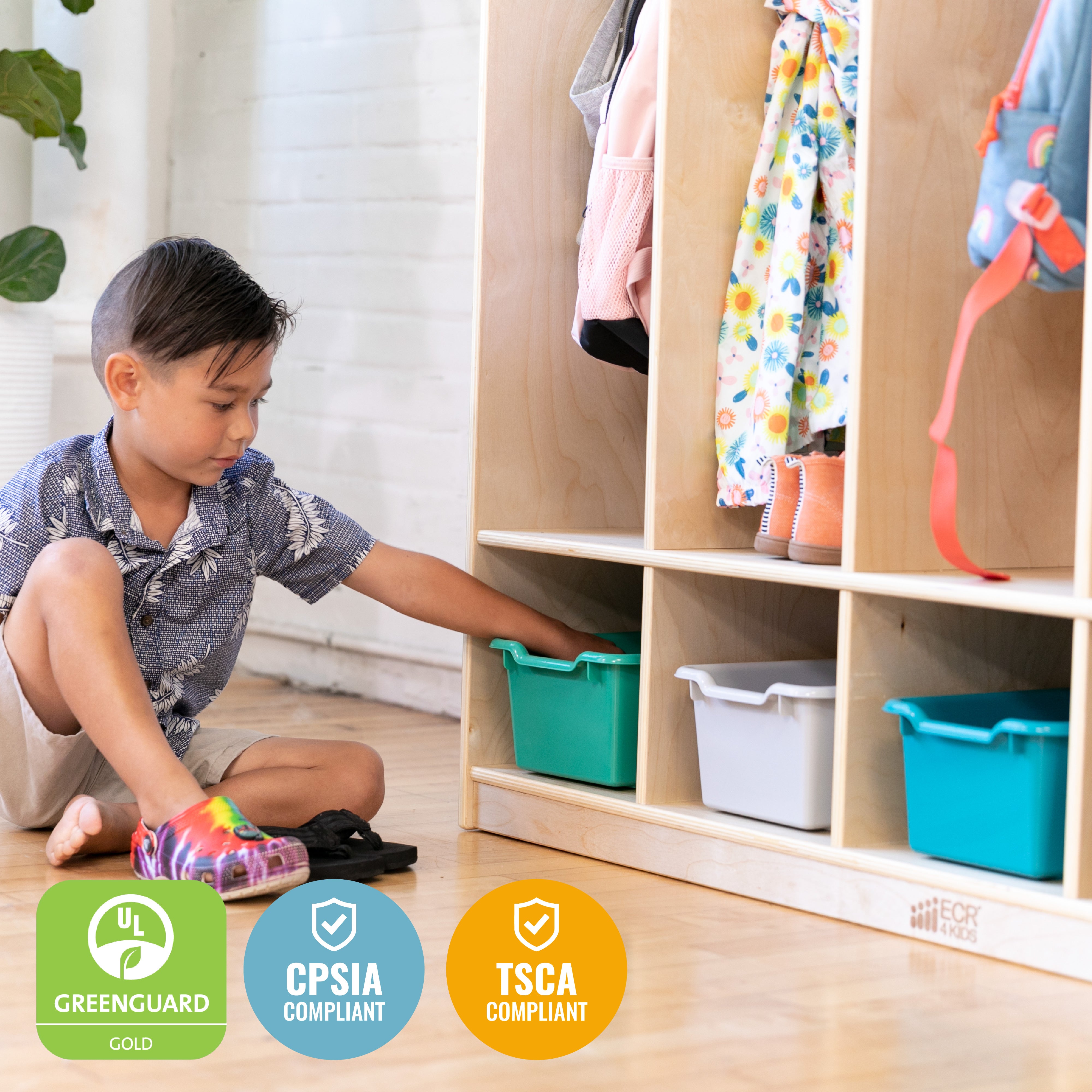 5-Section Coat Locker and Scoop Front Storage Bins, Natural