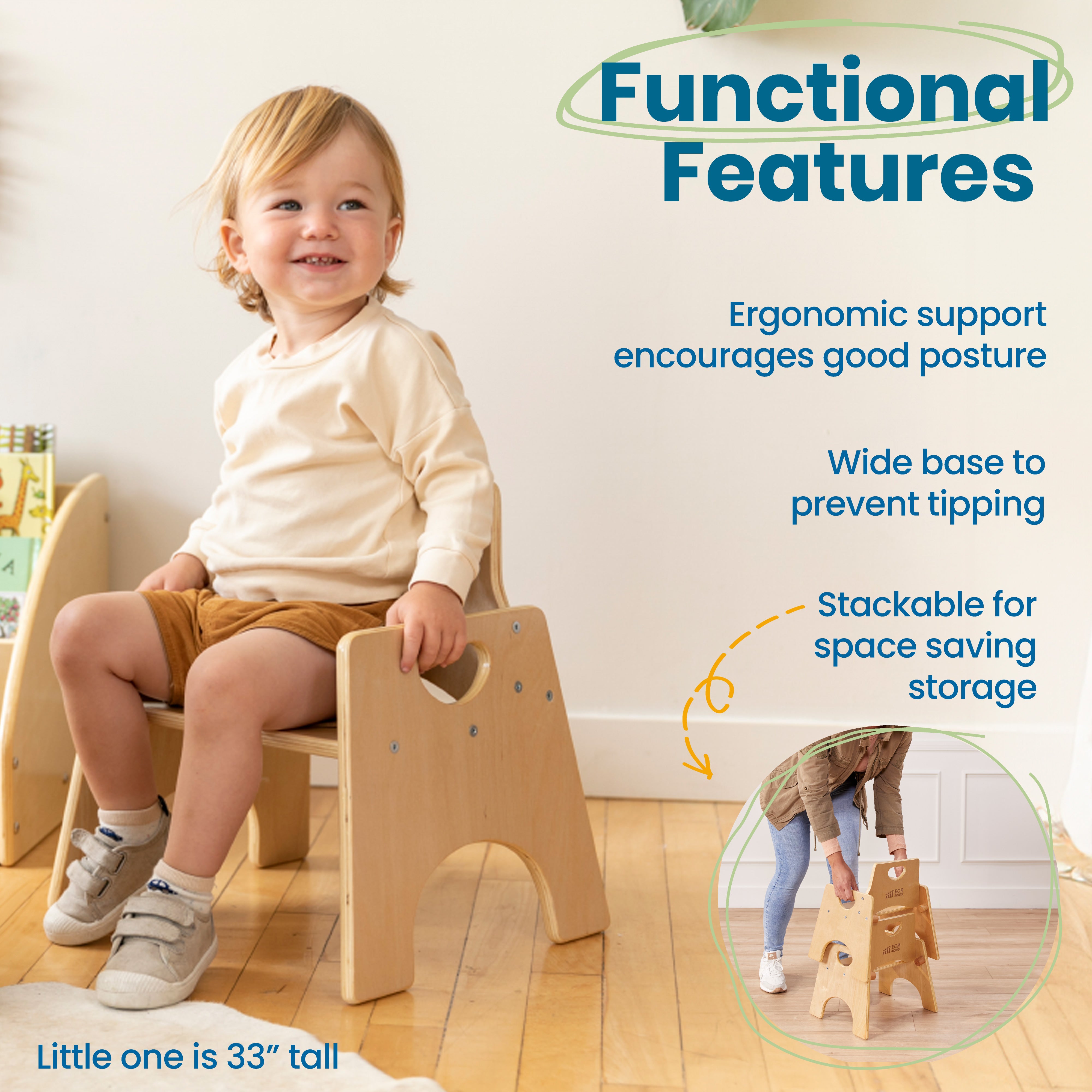 Stackable Wooden Toddler Chair, 8in, 2-Pack