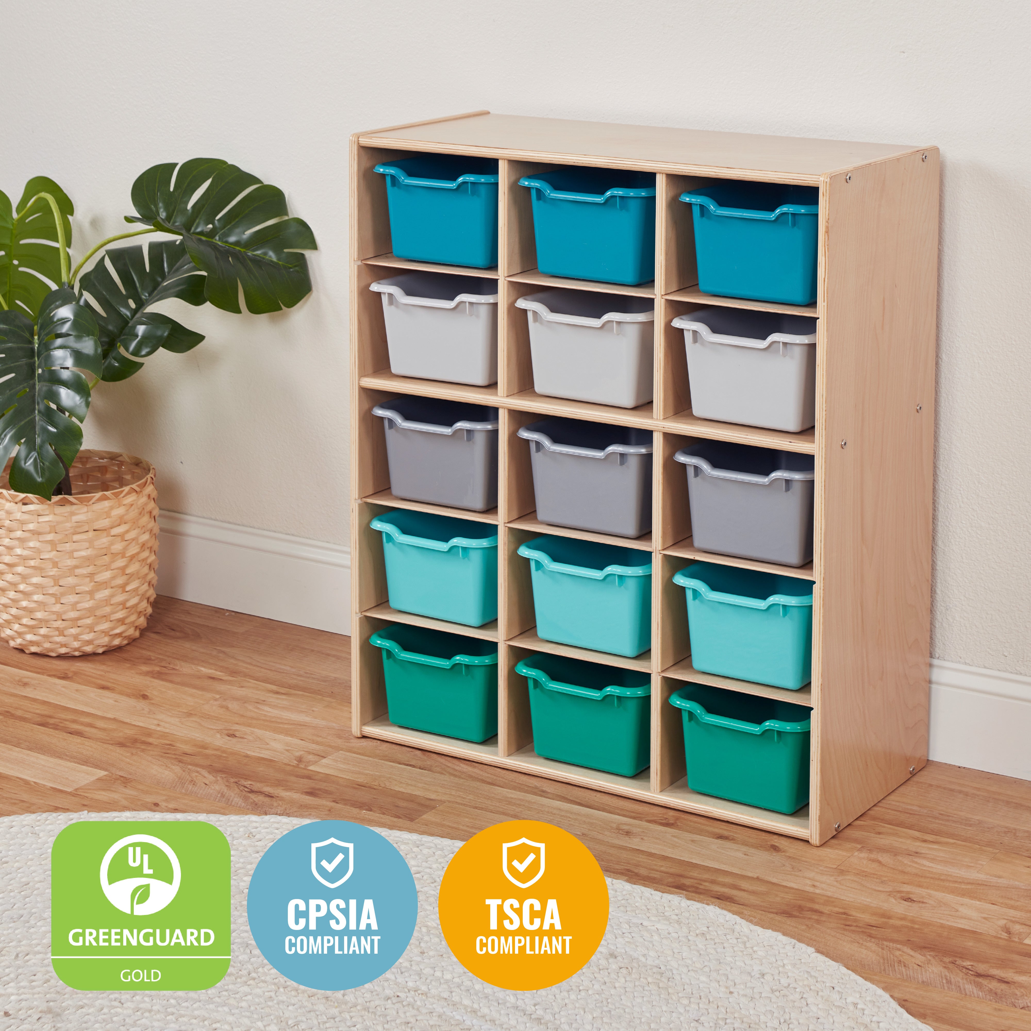 Streamline 15 Cubby Tray Cabinet with 15 Scoop Front Storage Bins, 5x3, Natural