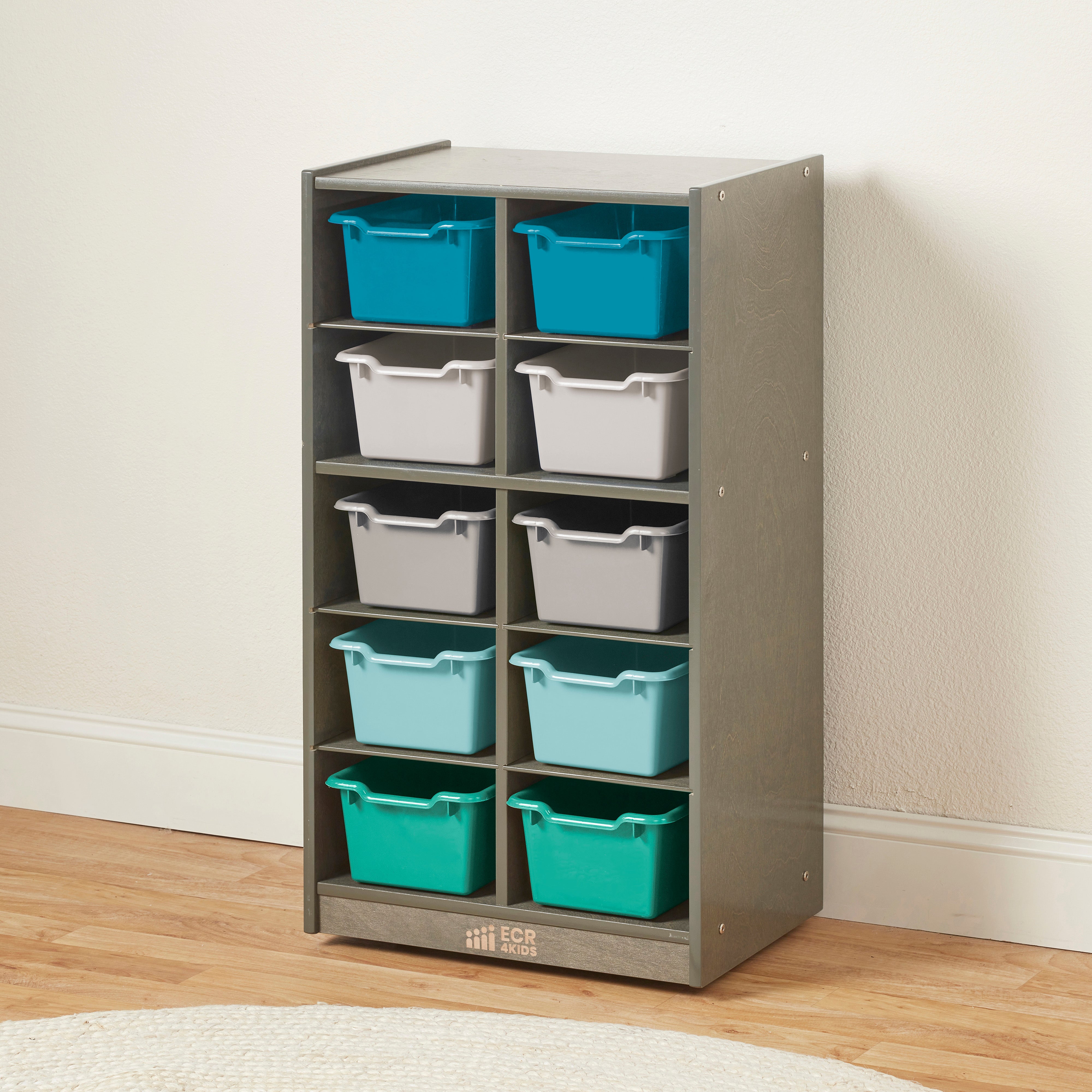 10 Cubby Mobile Tray Cabinet with 10 Scoop Front Storage Bins, 5x2, Grey Wash