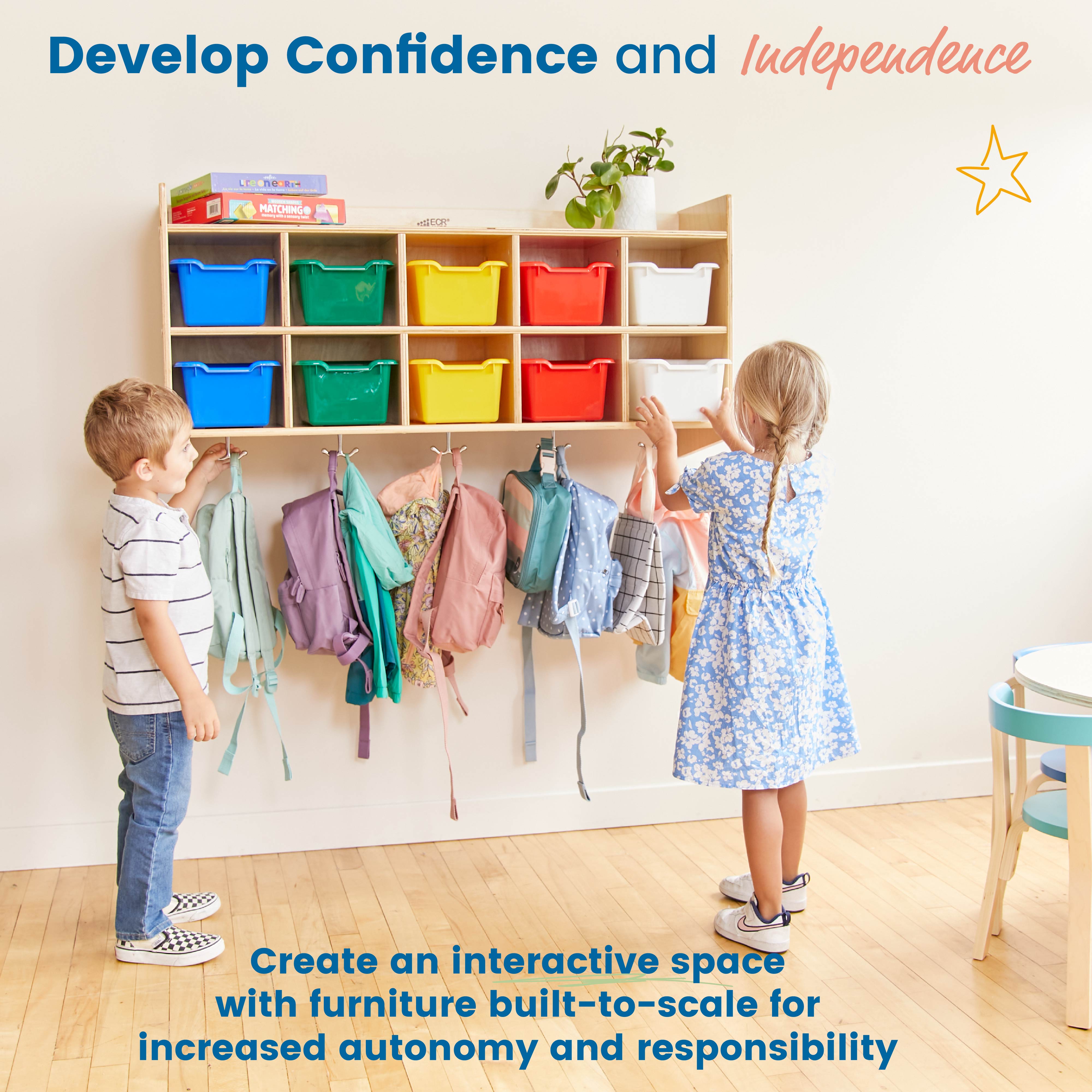 10-Section Hanging Coat Locker with Shelf and Scoop Front Storage Bins, Natural