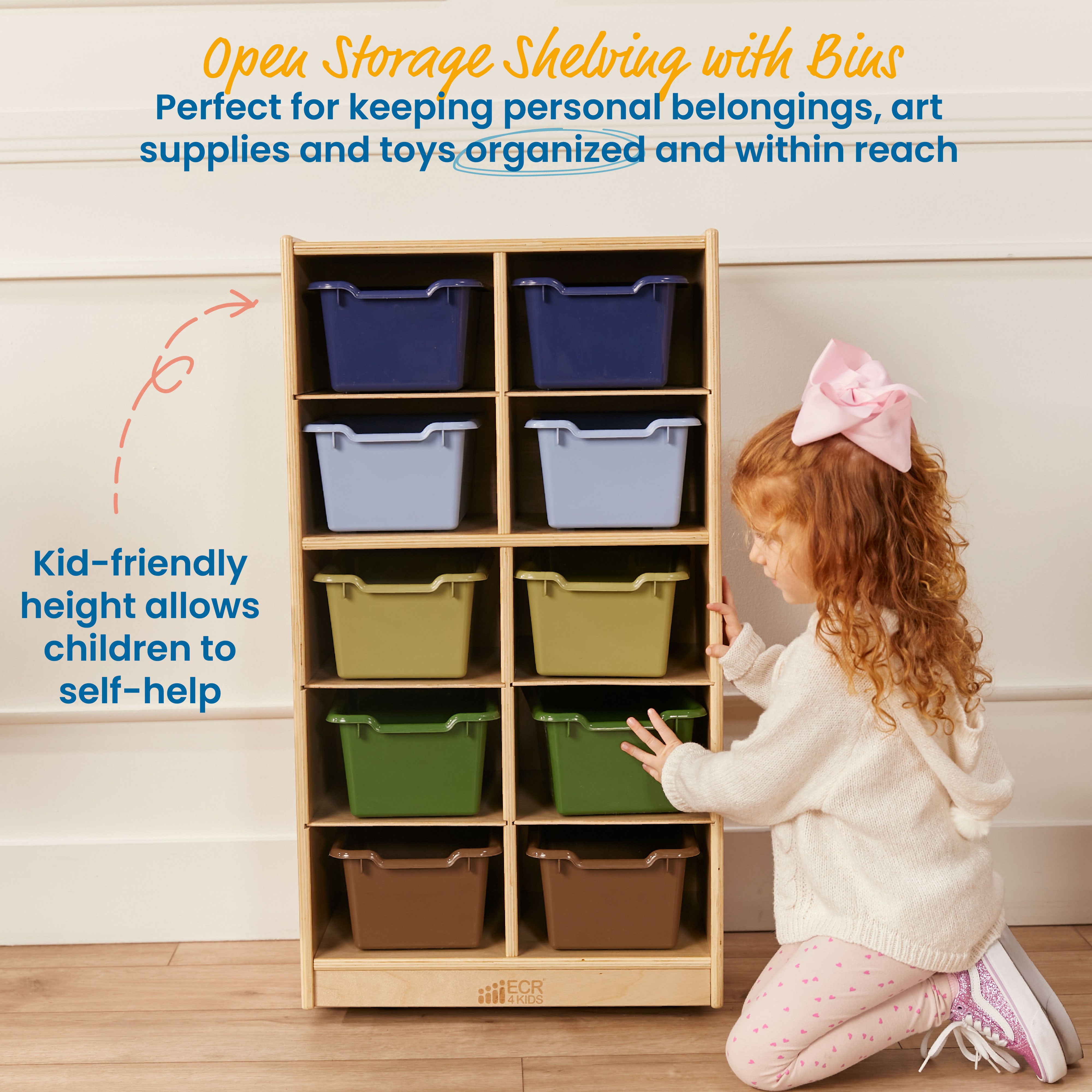 10 Cubby Mobile Tray Cabinet with 10 Scoop Front Storage Bins, 5x2, Natural