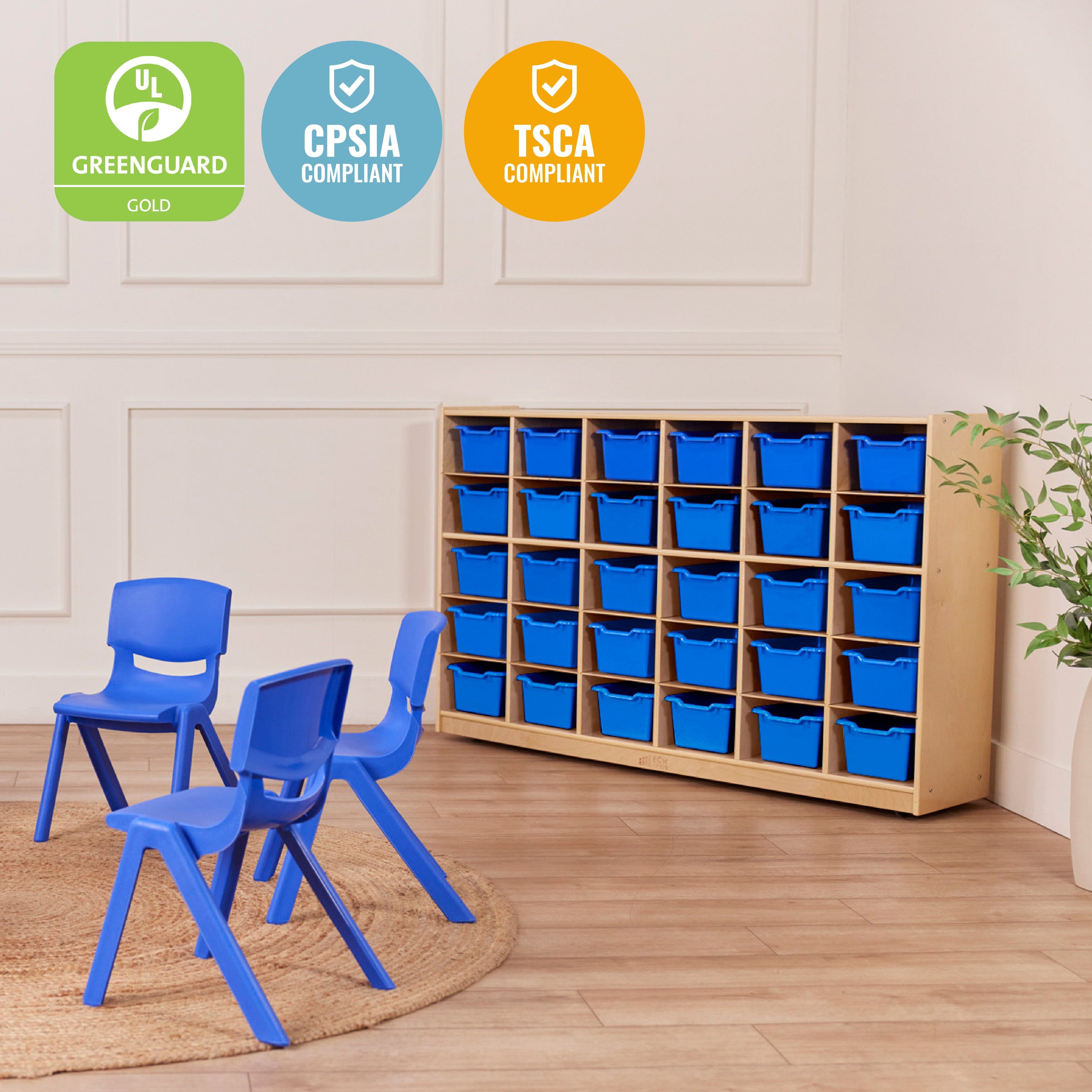 30 Cubby Mobile Tray Cabinet with 30 Scoop Front Storage Bins, 5x6, Natural