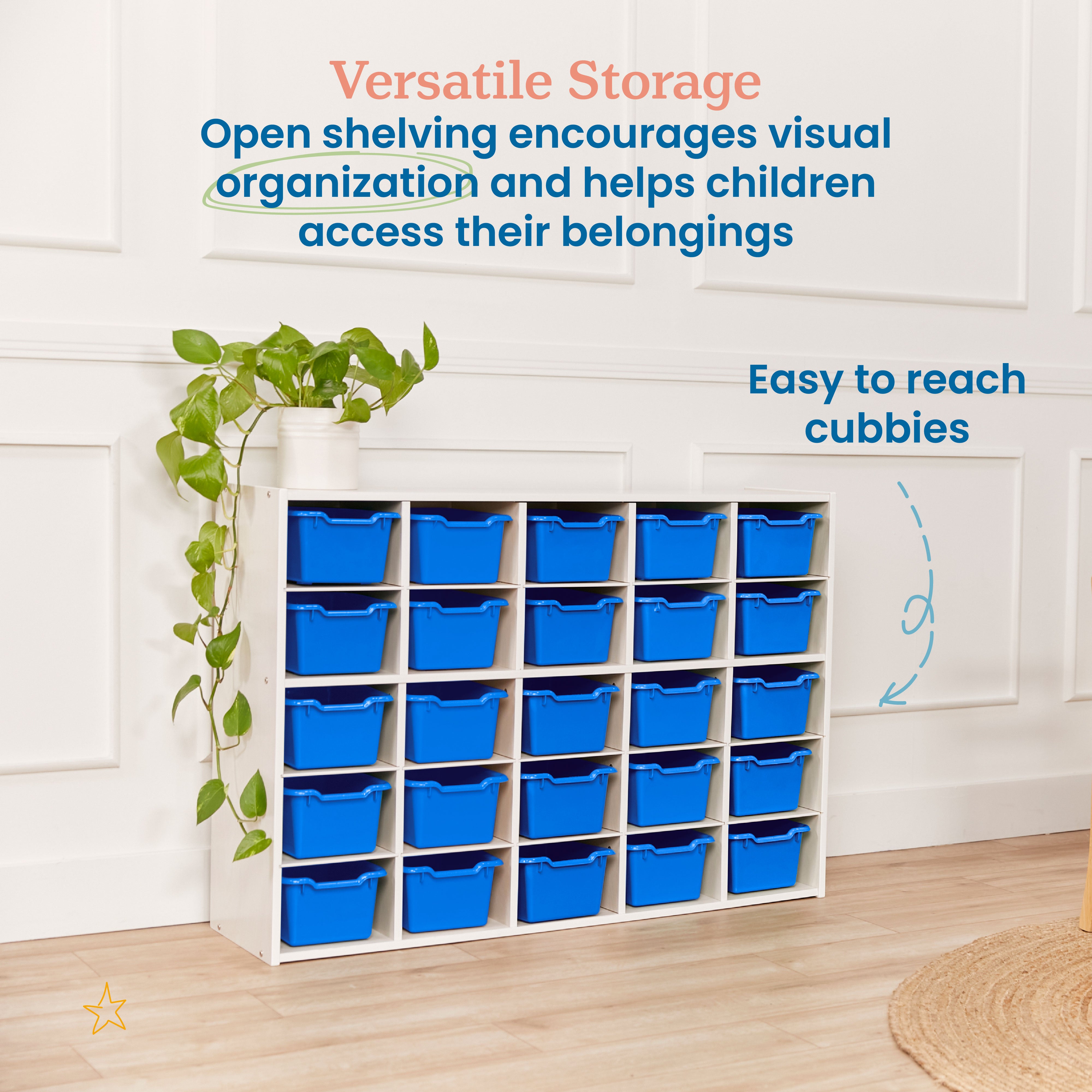 Streamline 25 Cubby Tray Cabinet with 25 Scoop Front Storage Bins, 5x5, White Wash