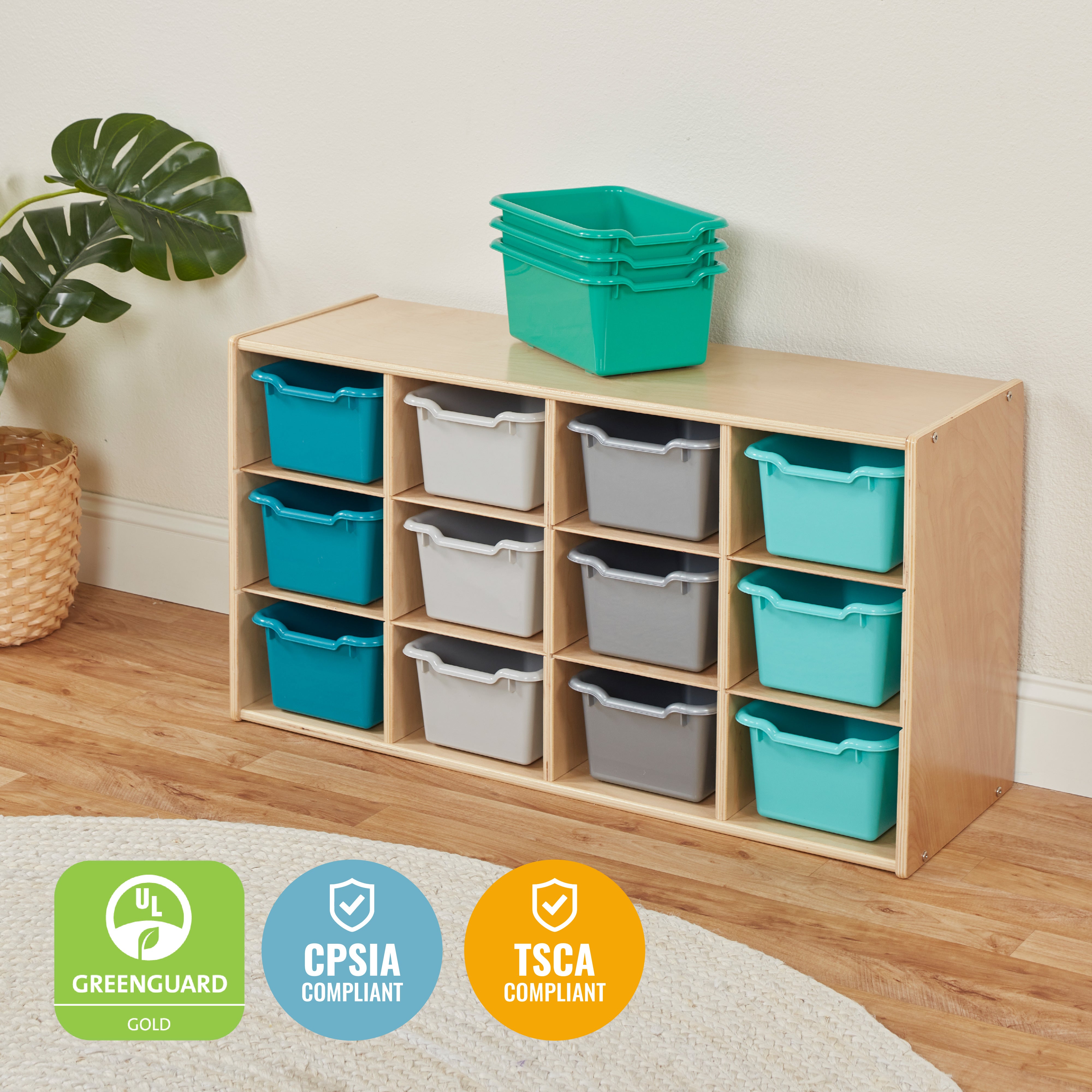 Streamline 12 Cubby Tray Cabinet with 15 Scoop Front Storage Bins, 3x4, Natural