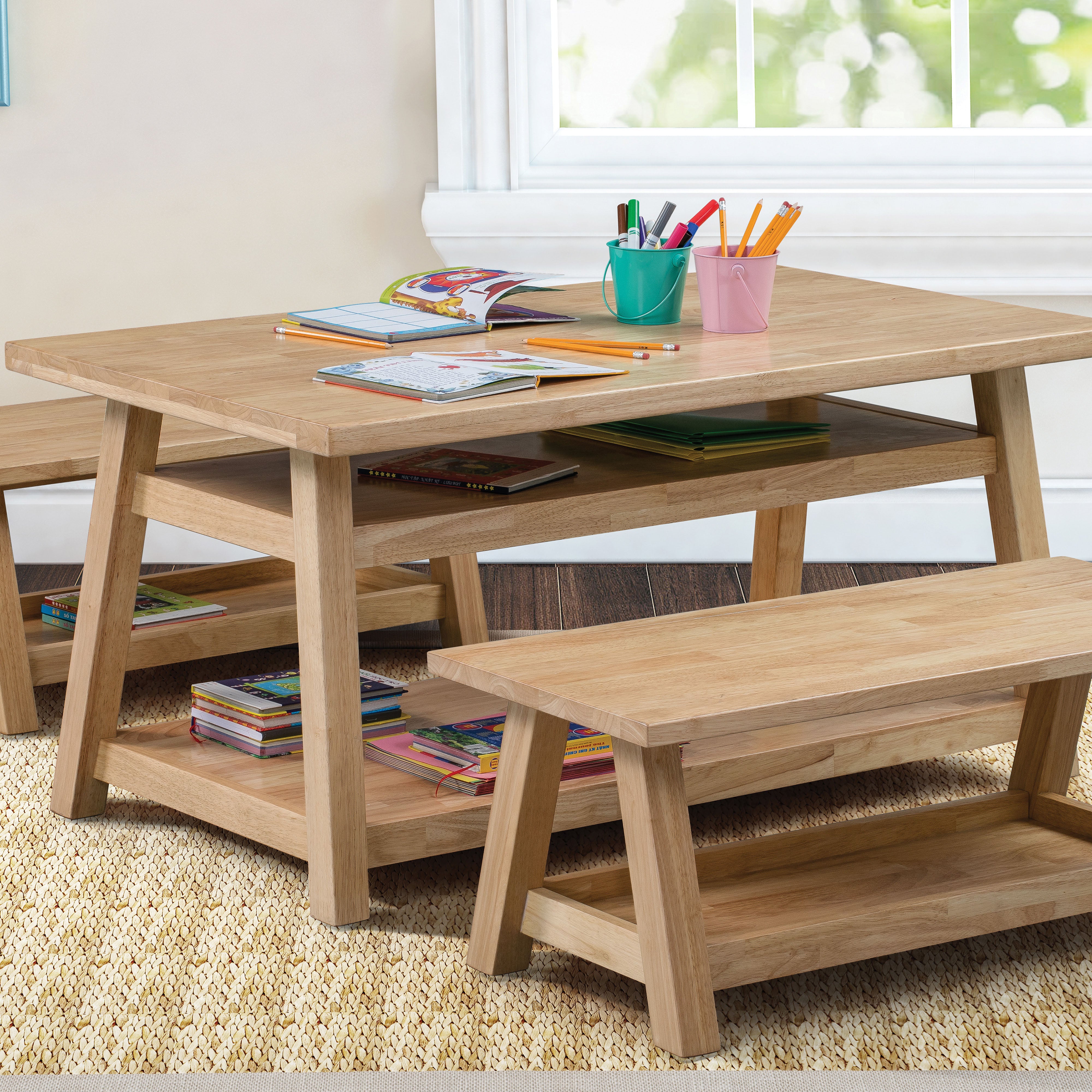 ECR4Kids Sit n' Stash Rectangular Table with Storage, Kids Furniture, Natural