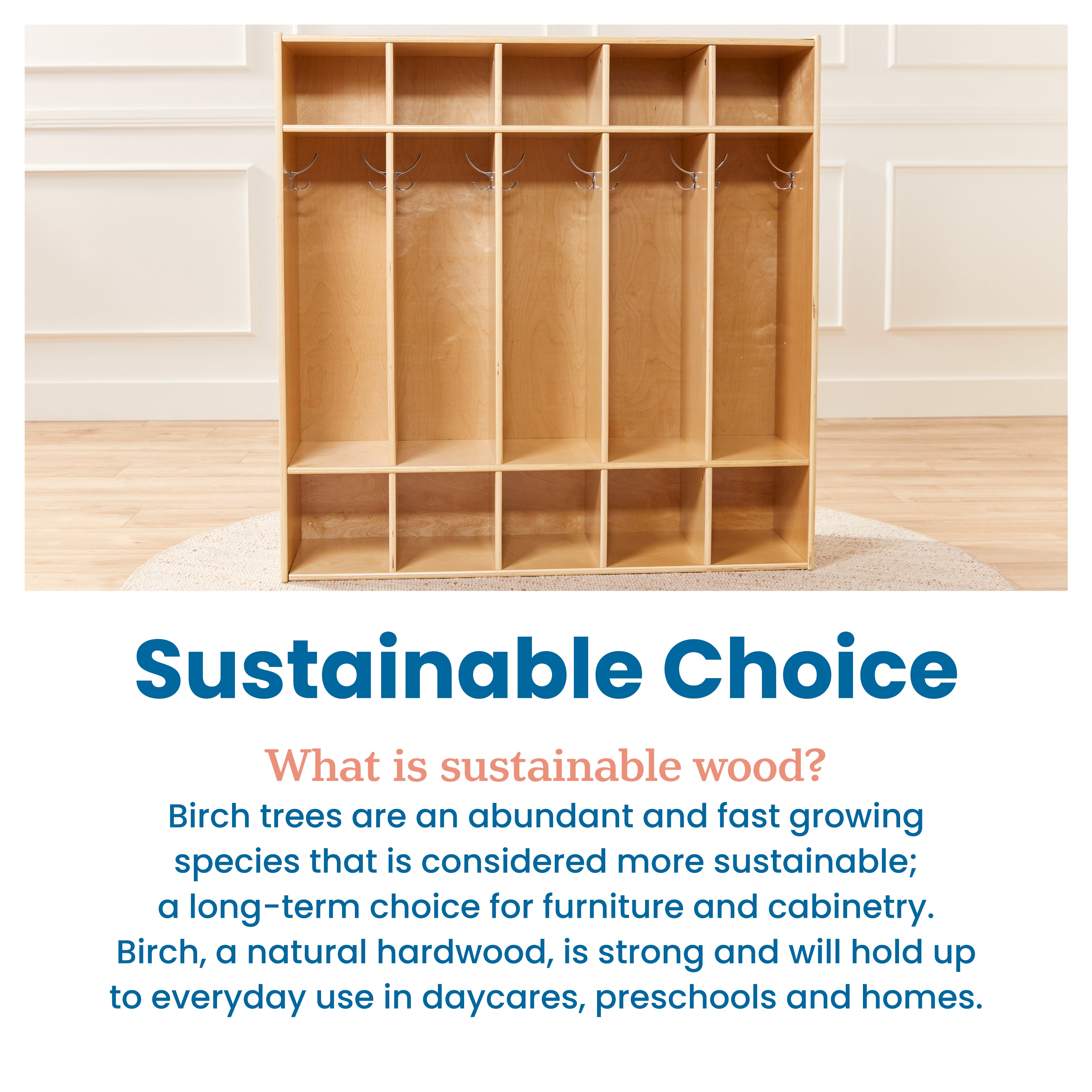 Streamline 5-Section Coat Locker with Scoop Front Storage Bins, Natural, Classroom Furniture