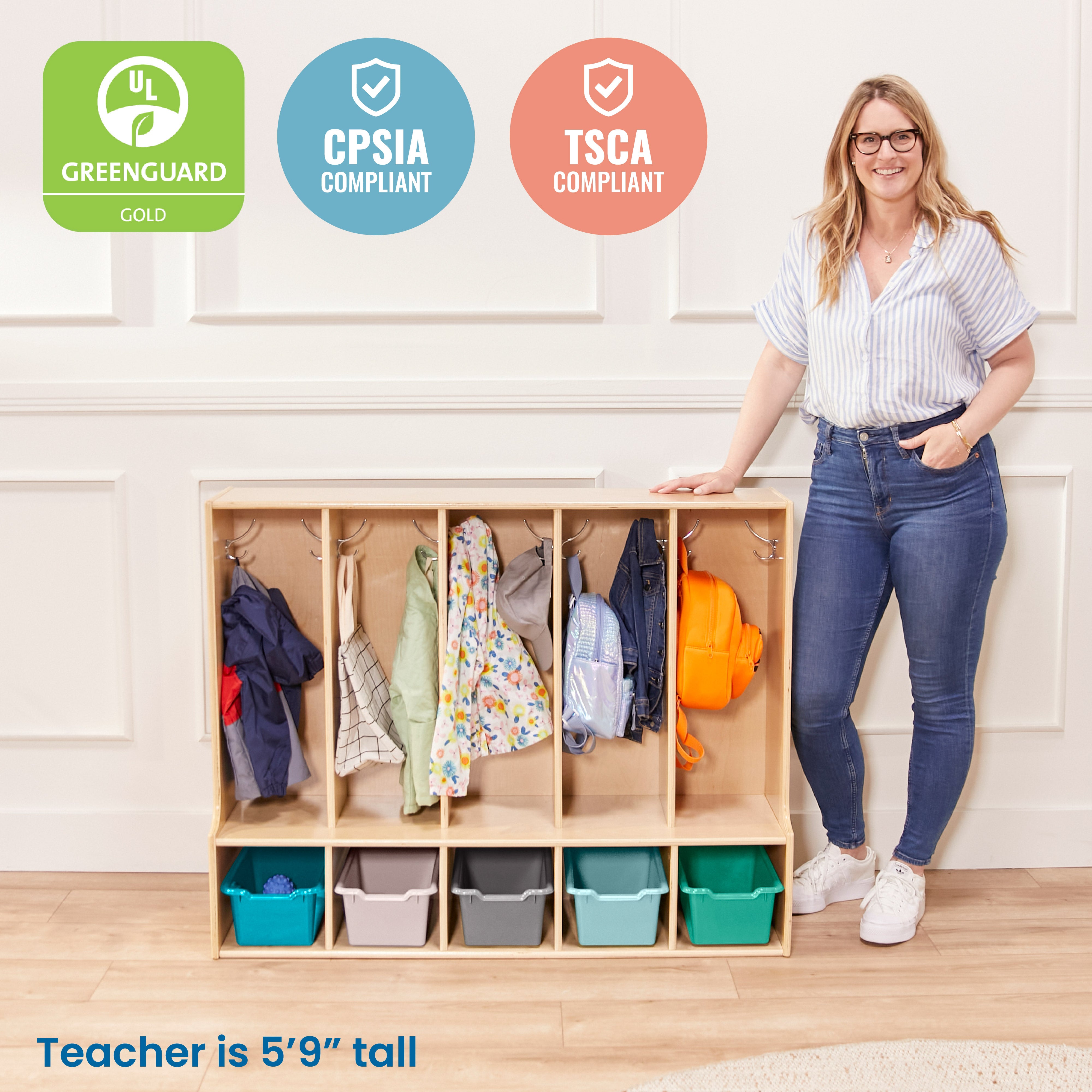 Streamline 5-Section Toddler Coat Locker with Bench and Bins