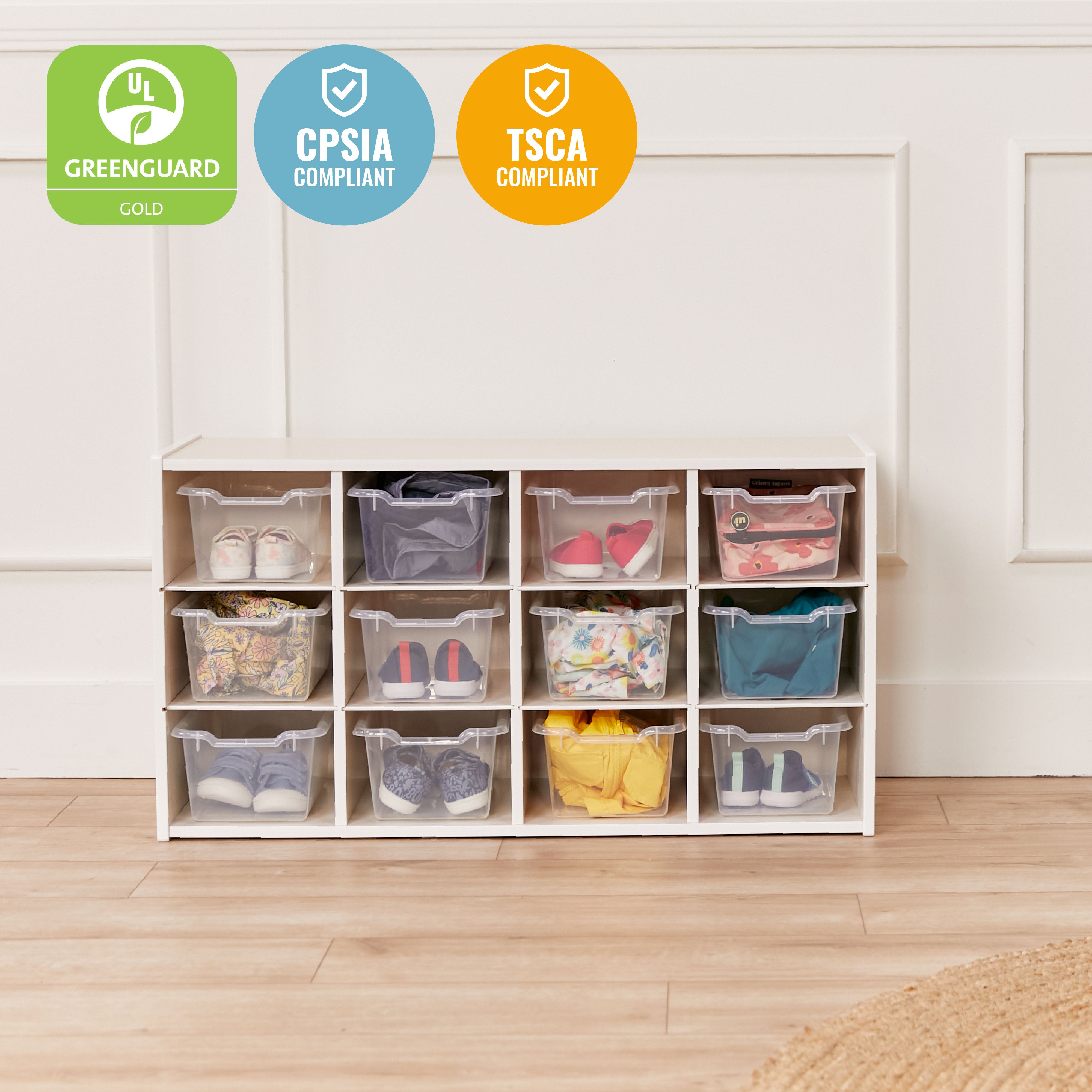 Streamline 12 Cubby Tray Cabinet with 15 Scoop Front Storage Bins, 3x4, White Wash