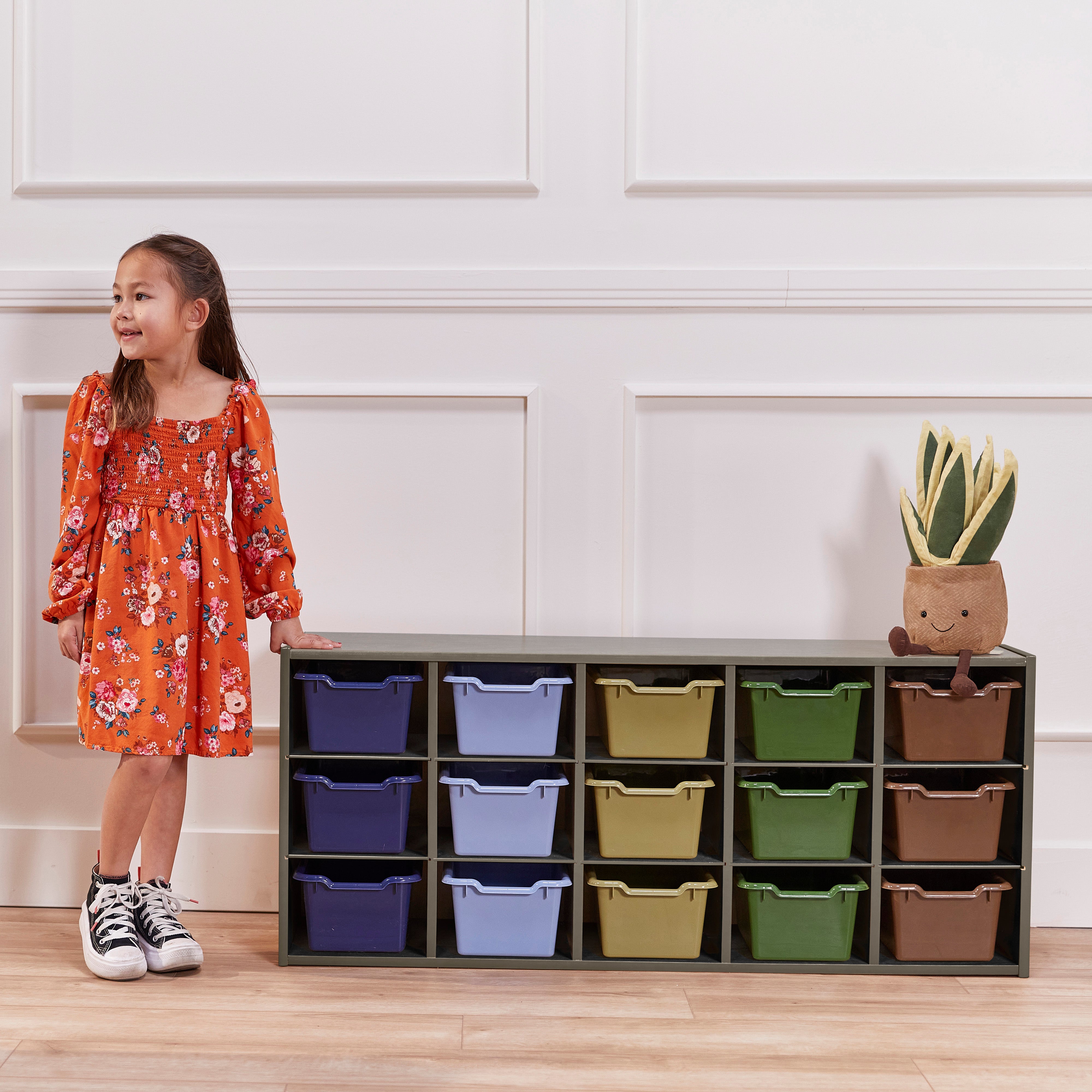 Streamline 15 Cubby Tray Cabinet with 15 Scoop Front Storage Bins, 3x5, Grey Wash