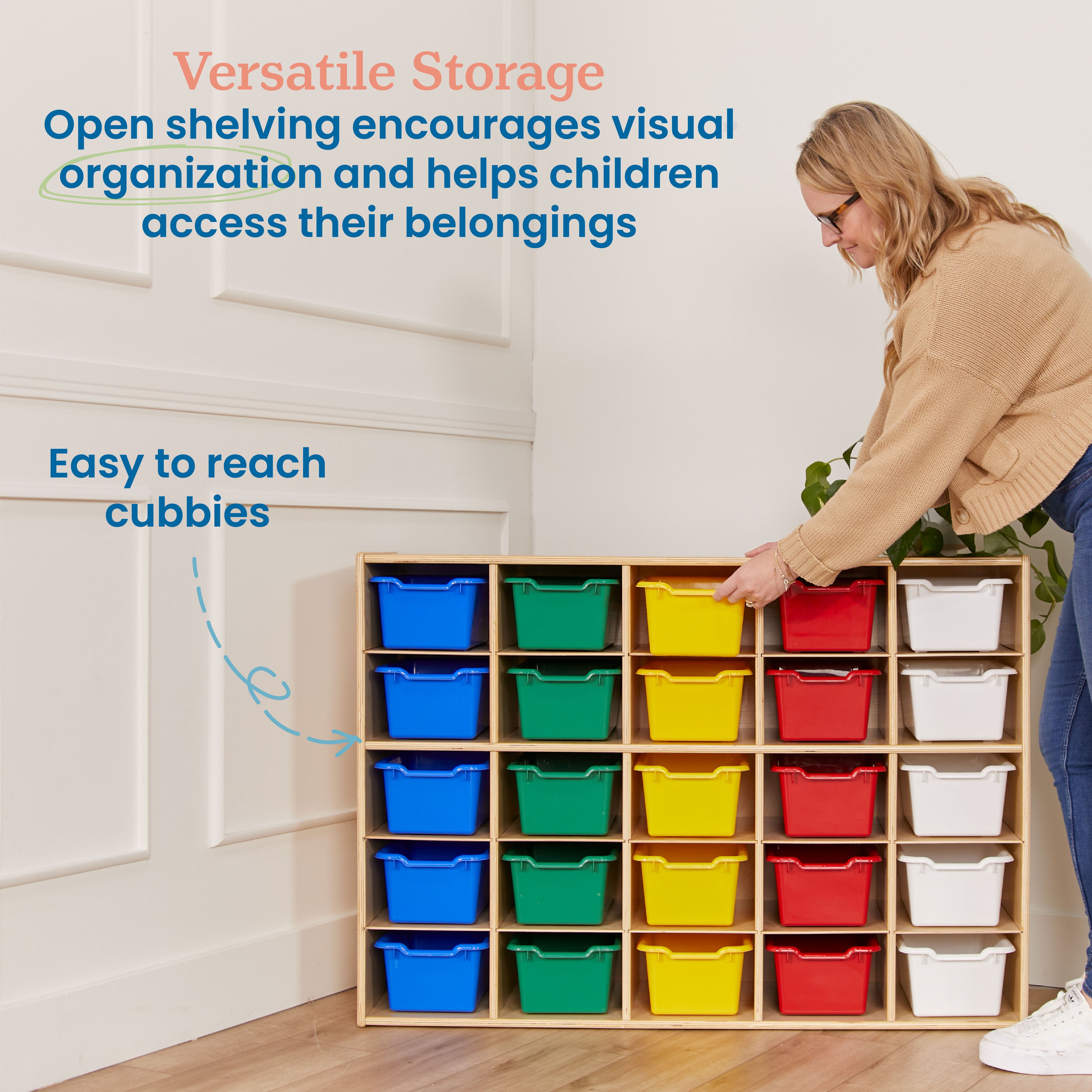 Streamline 25 Cubby Tray Cabinet with 25 Scoop Front Storage Bins, 5x5, Natural
