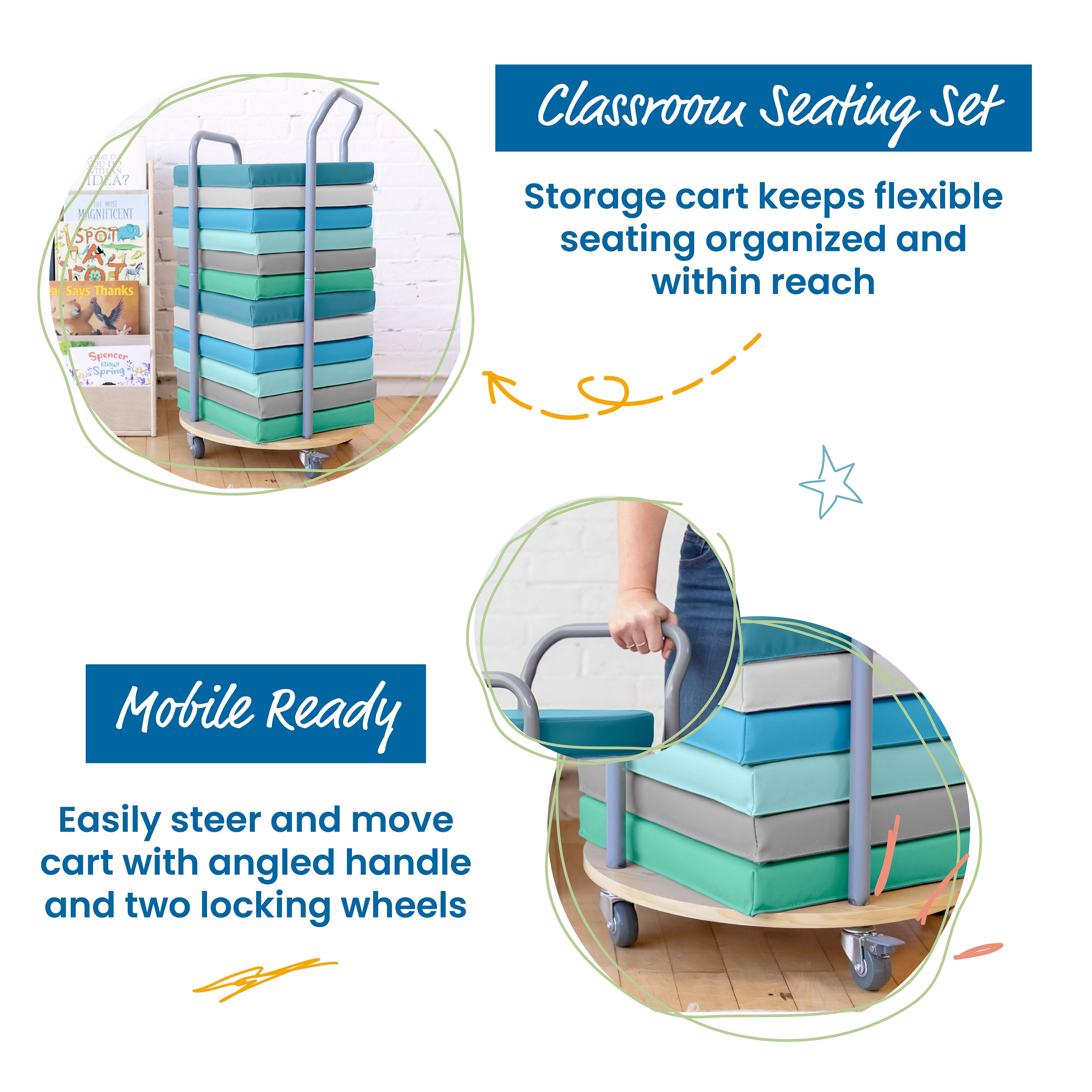 Square Floor Cushions and Mobile Cart, 12-Piece
