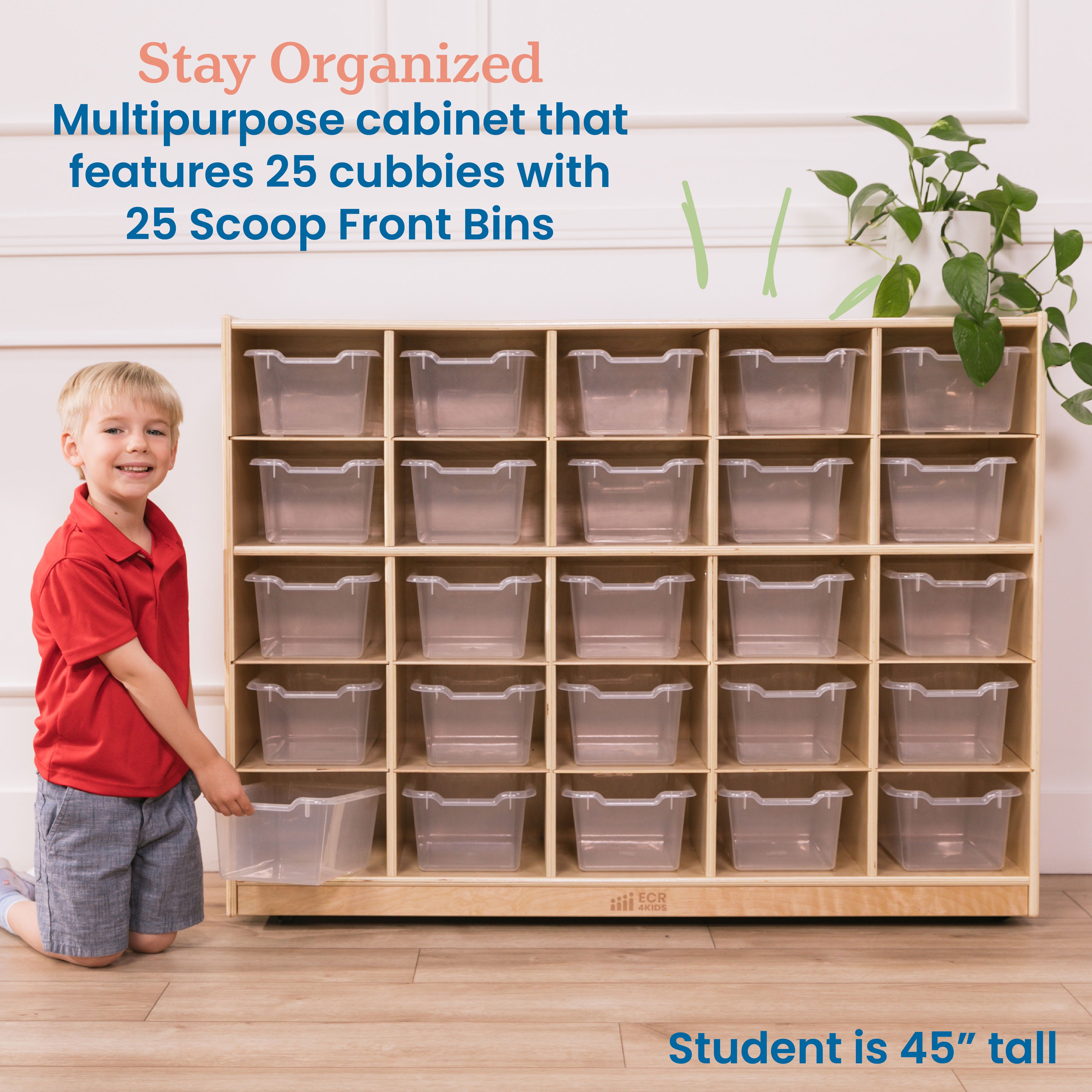 25 Cubby Mobile Tray Cabinet with Scoop Front Storage Bins, Natural