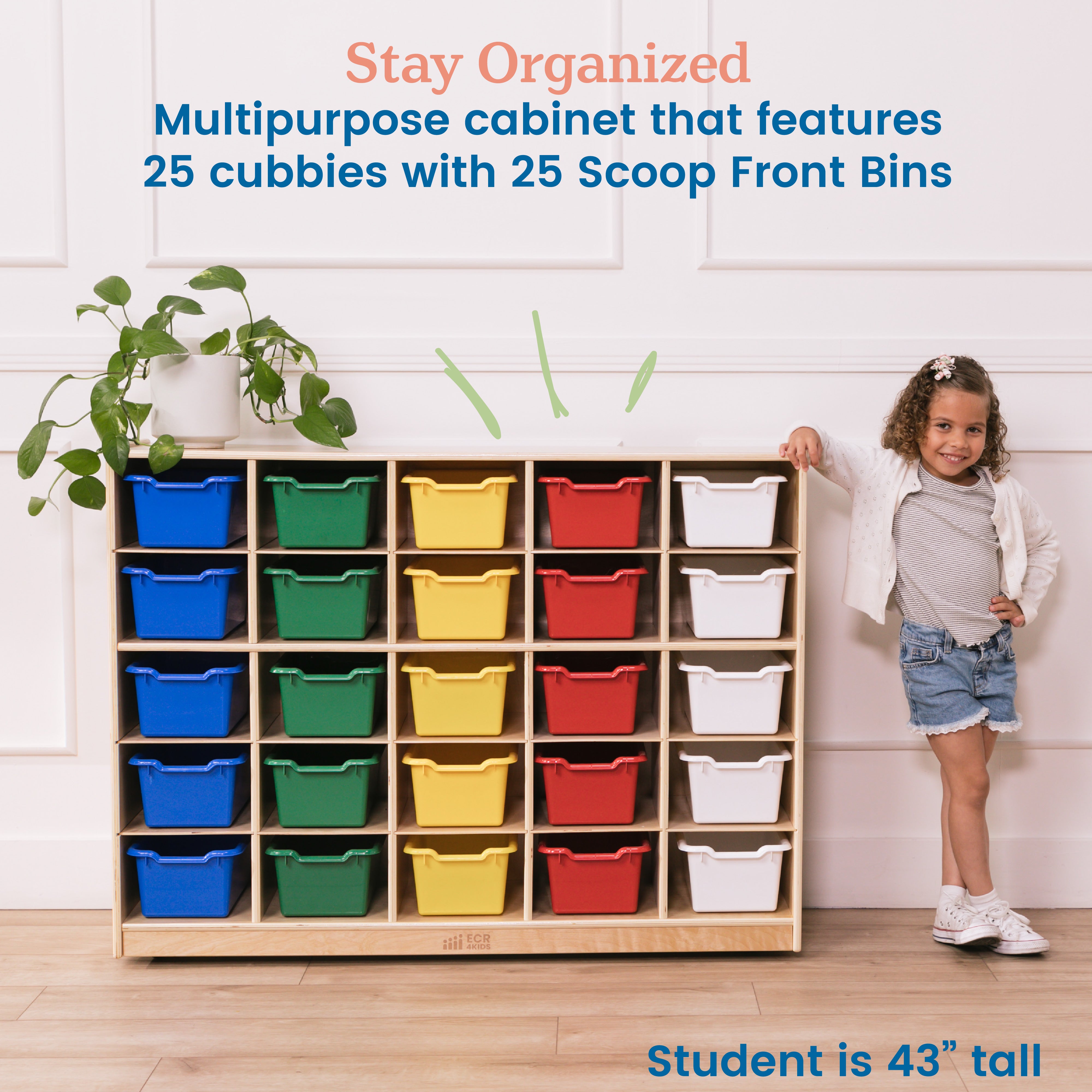 25 Cubby Mobile Tray Cabinet with Scoop Front Storage Bins, Natural