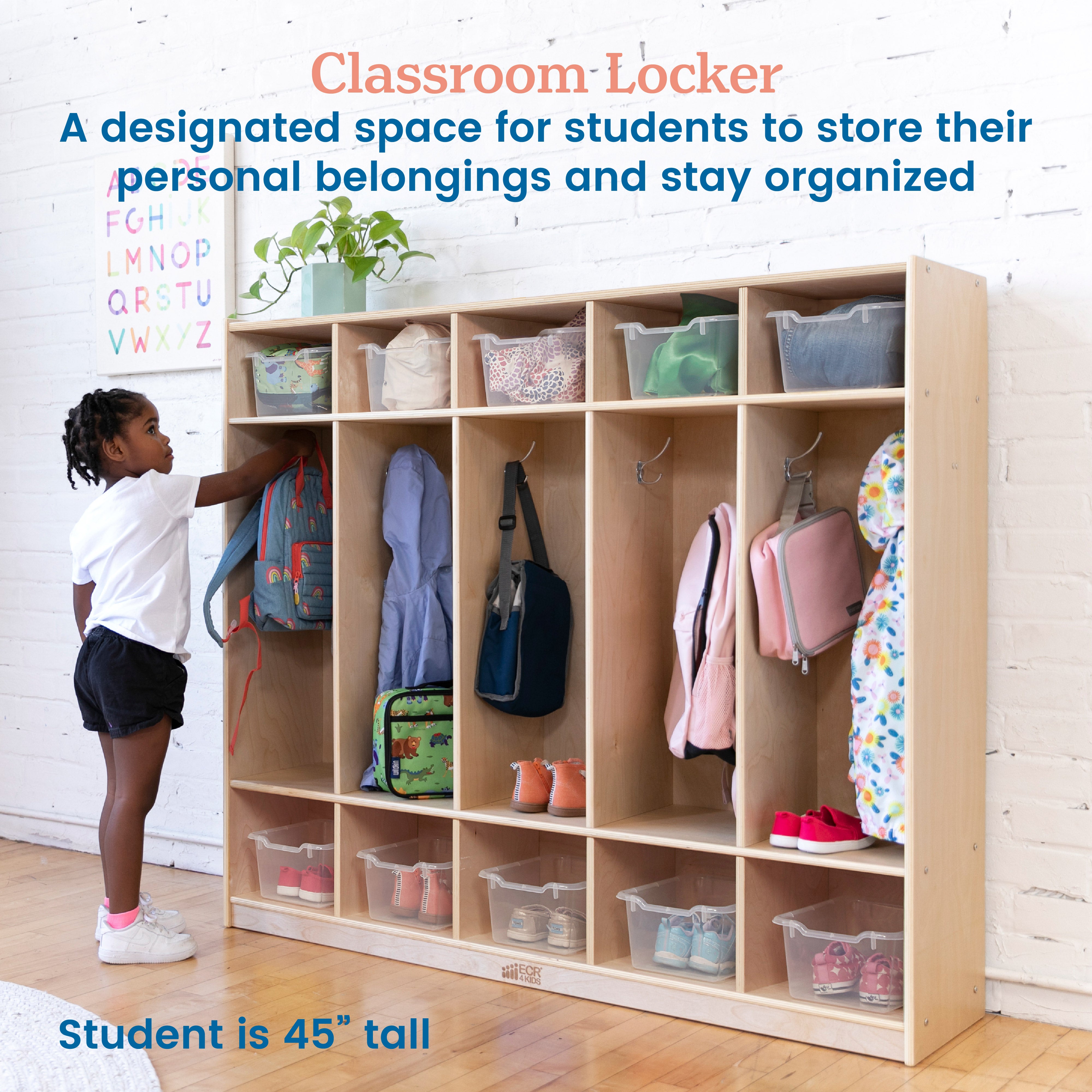 5-Section Coat Locker and Scoop Front Storage Bins, Natural