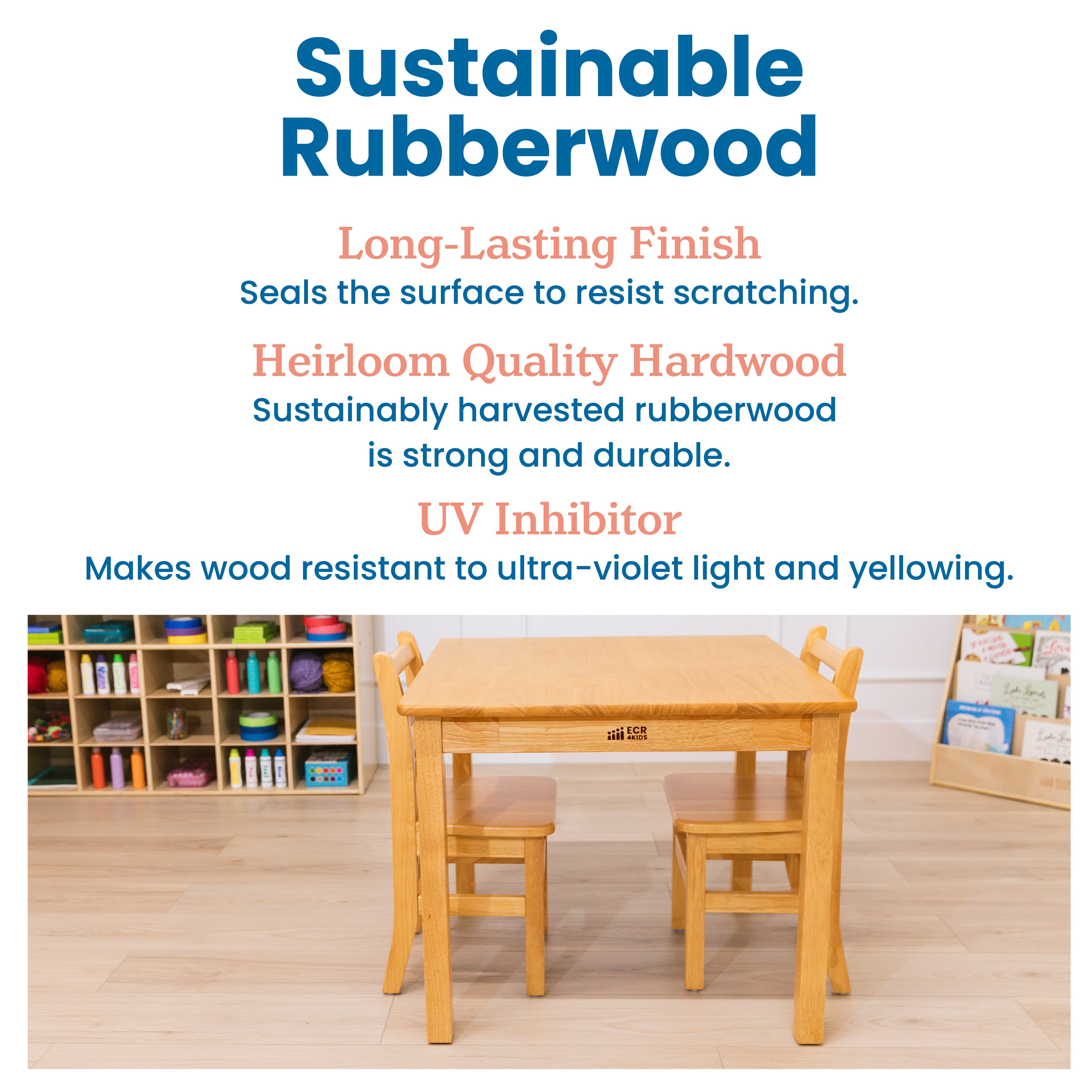 30in D Square Hardwood Table with 24in Legs and Two 14in Chairs, 3-Piece