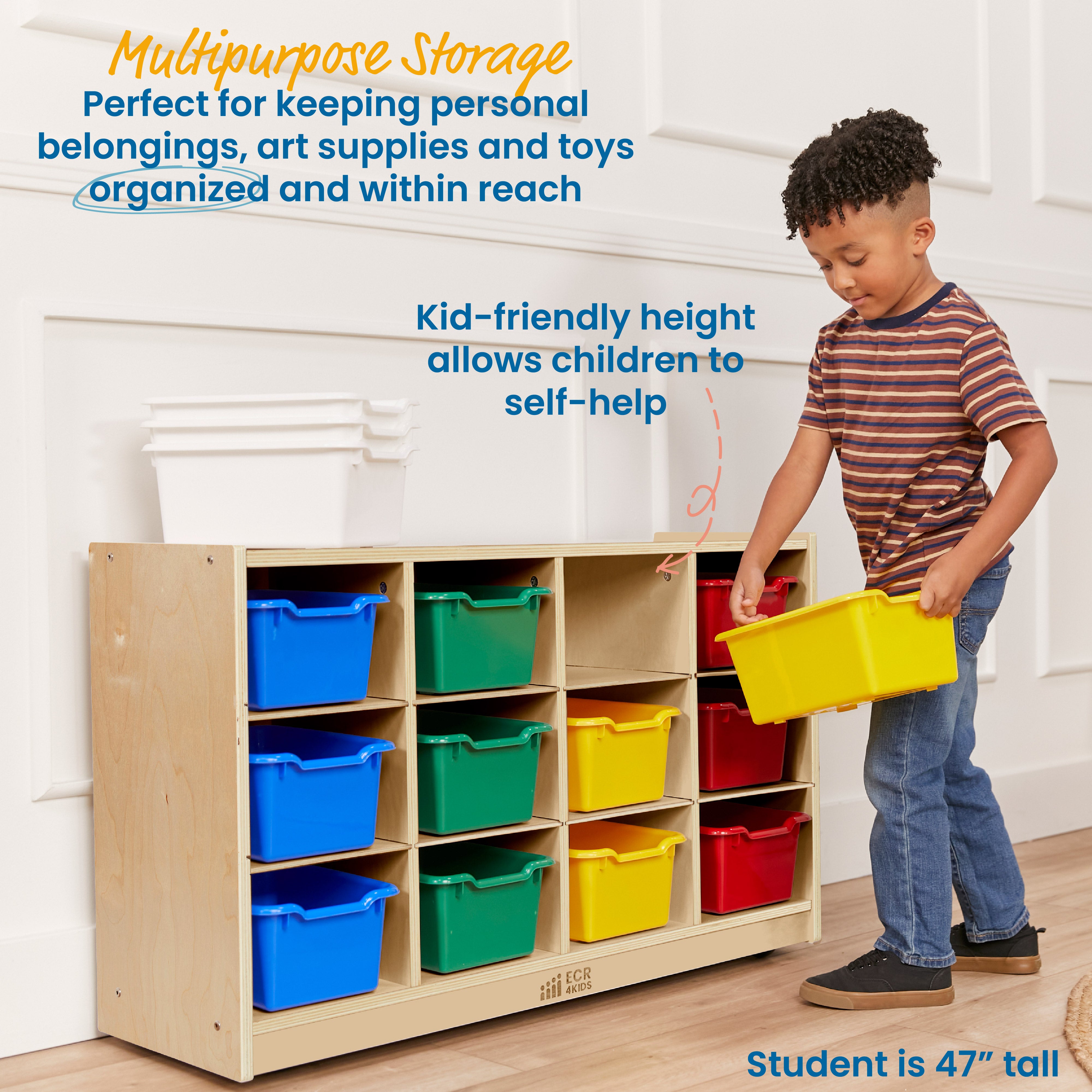 12 Cubby Mobile Tray Cabinet with 15 Scoop Front Storage Bins, 3x4, Natural