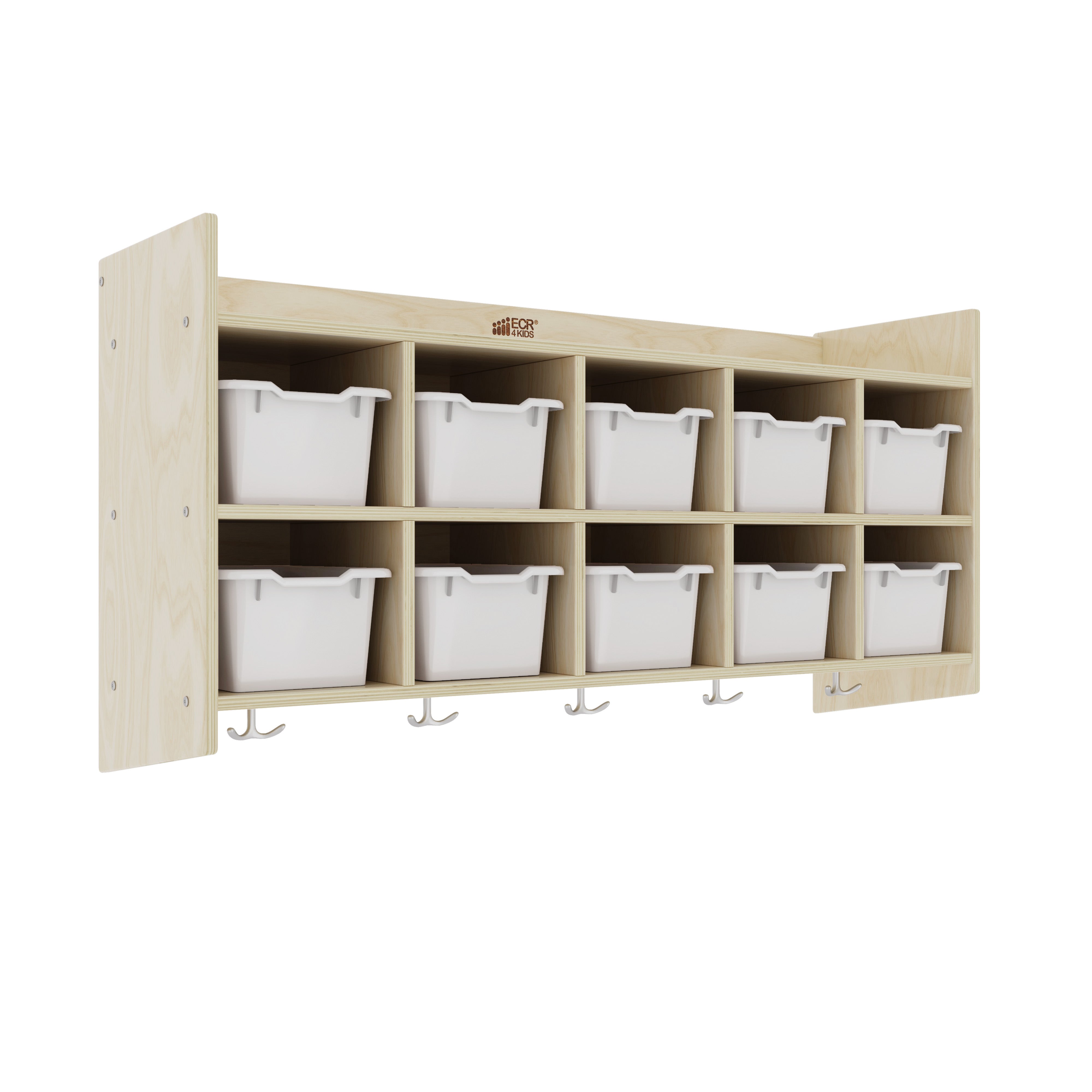 10-Section Hanging Coat Locker with Shelf and Scoop Front Storage Bins, Natural