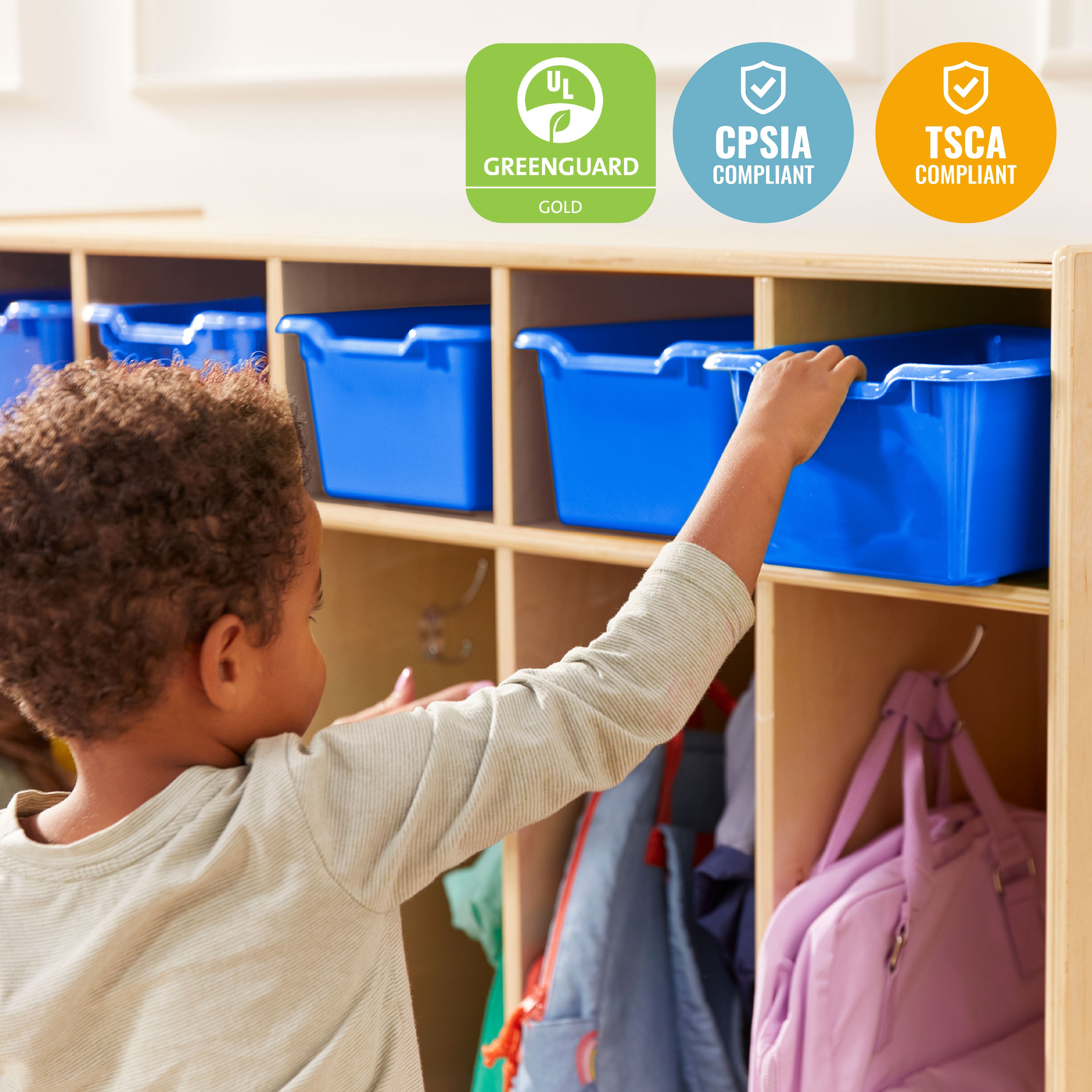 Streamline 5-Section Coat Locker with Scoop Front Storage Bins, Natural, Classroom Furniture