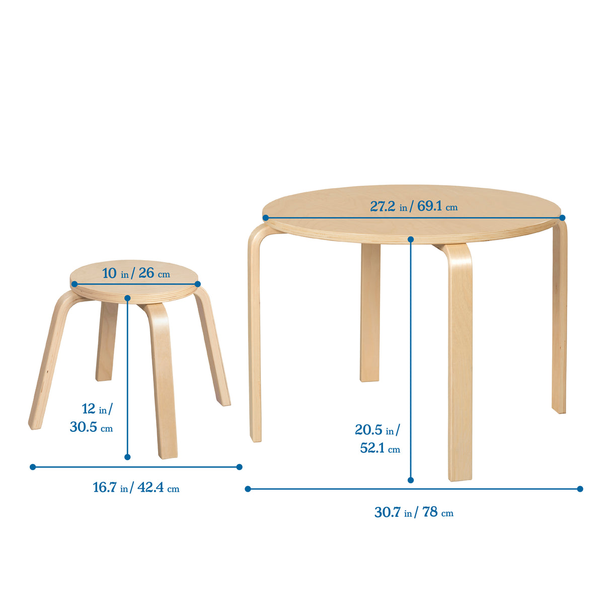 Round Bentwood Table and Four Stools, 12in Seat Height, 5-Piece