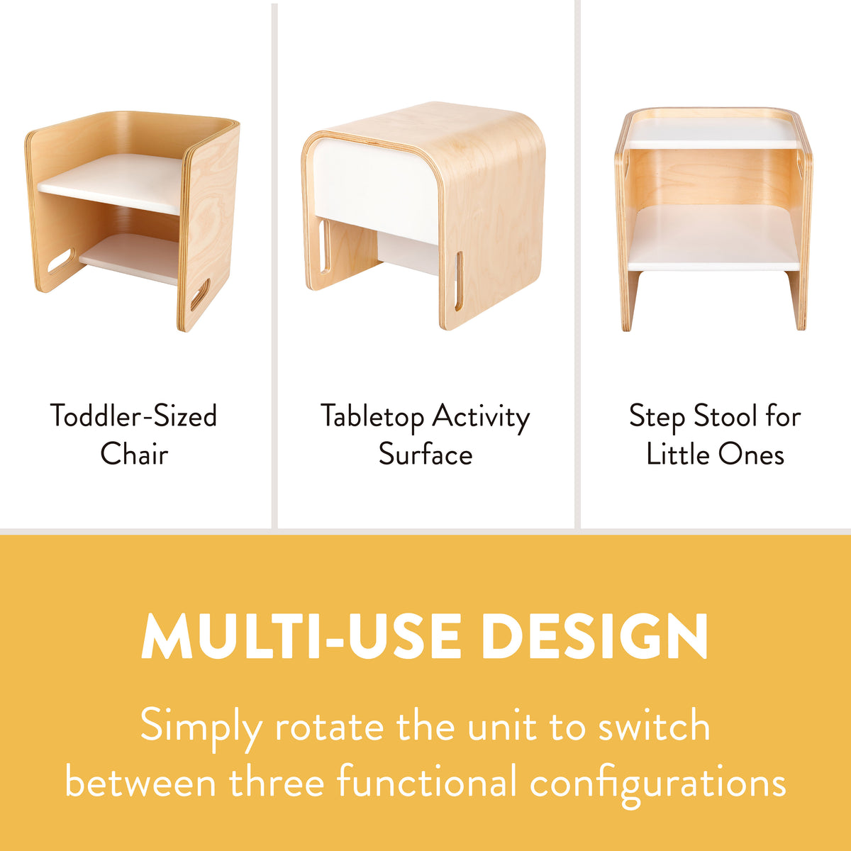Light wood bentwood furniture piece shown in three configurations: toddler chair, tabletop activity surface, and step stool.