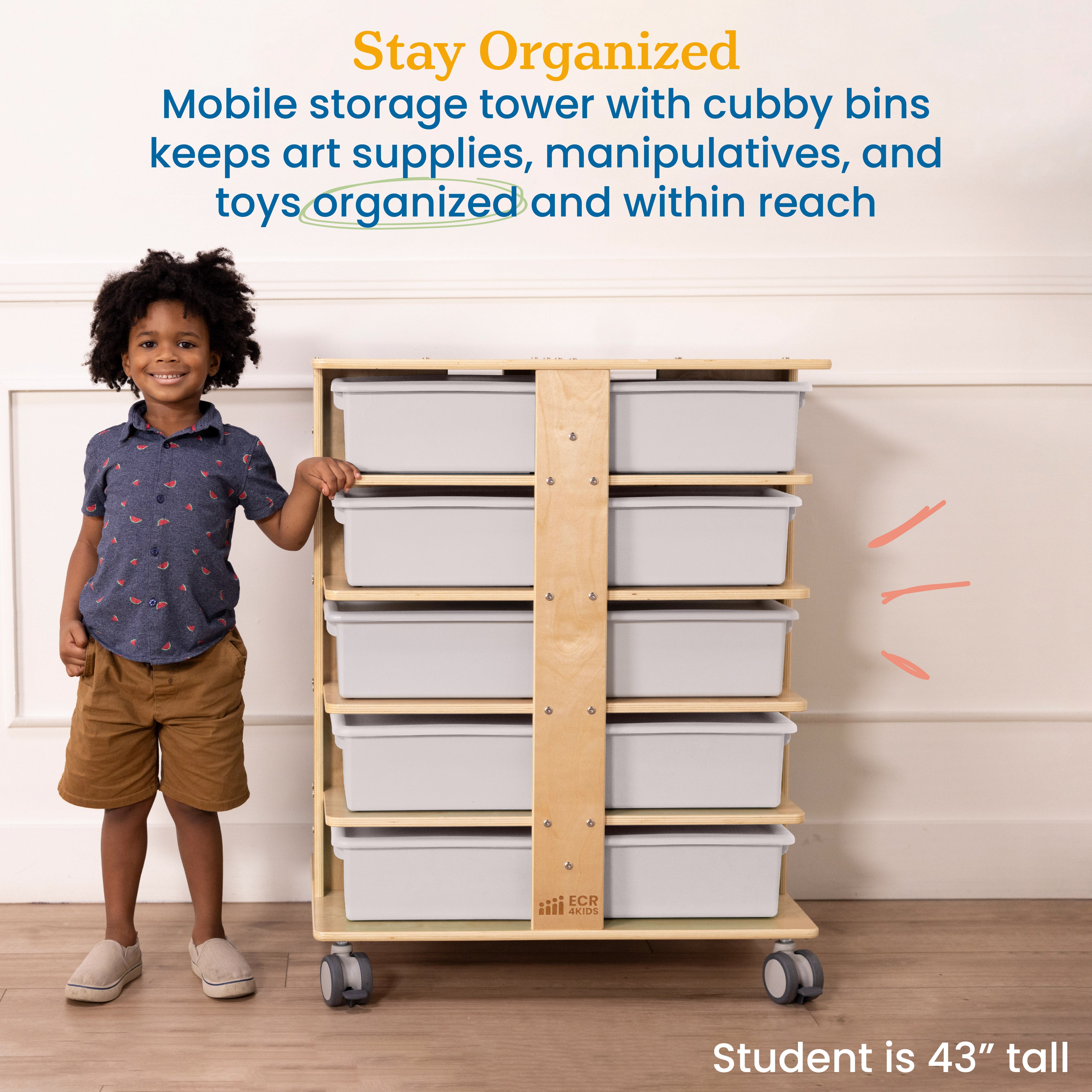 20-Compartment Mobile Storage Tower with Cubby Bins with Lids, 5x4, Natural