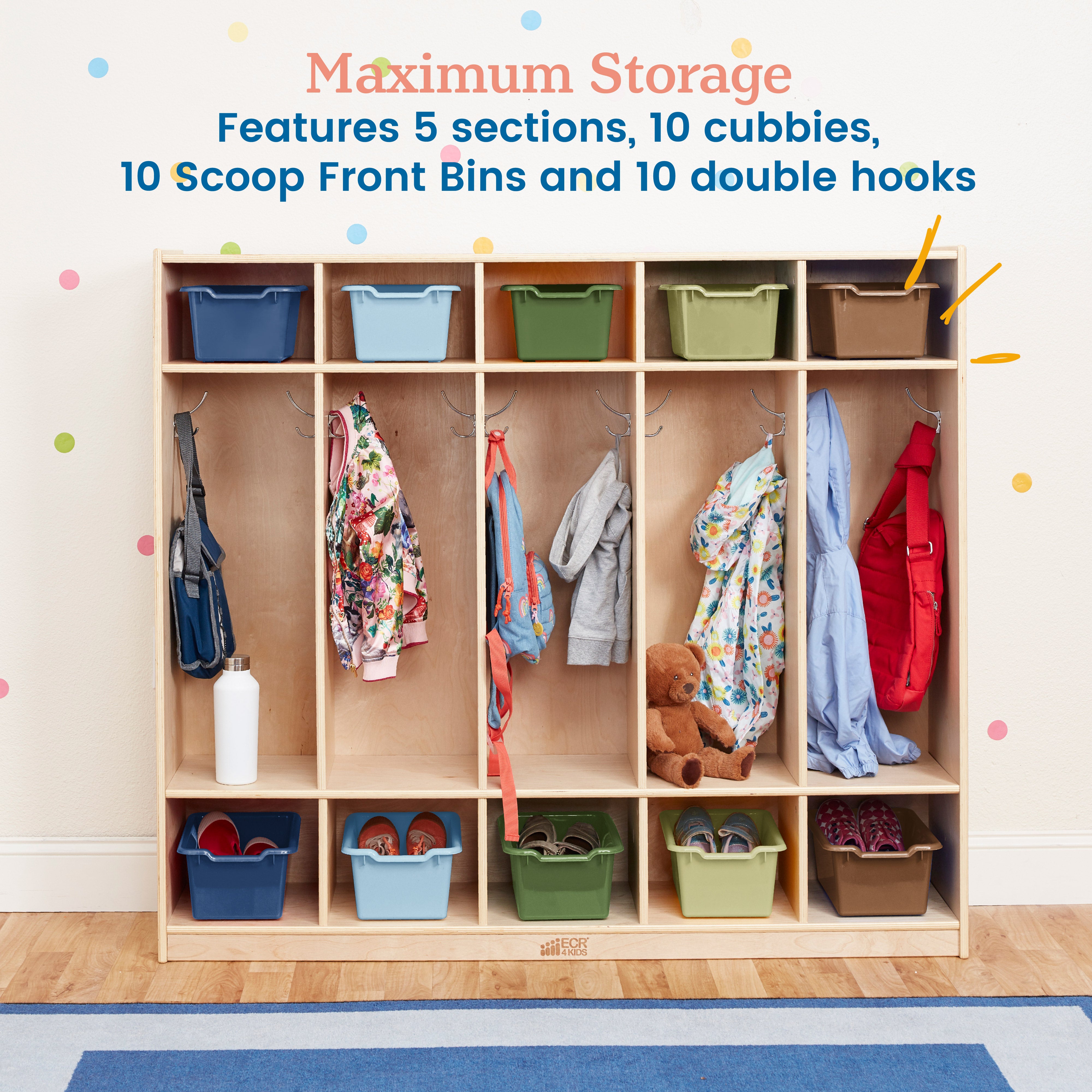5-Section Coat Locker and Scoop Front Storage Bins, Natural