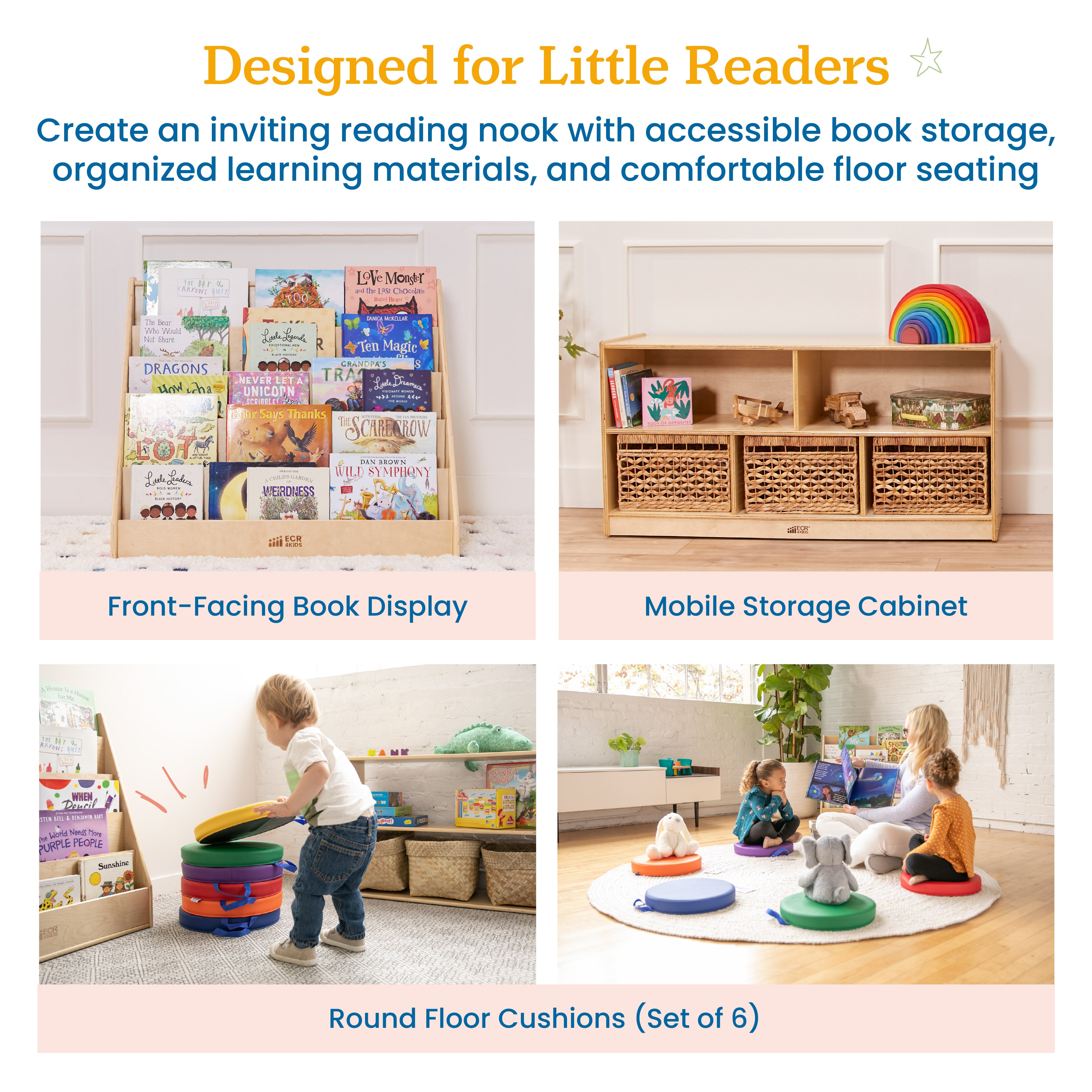 Preschool Cozy Reading Corner Package with Book Display, Storage Cabinet and Floor Cushions