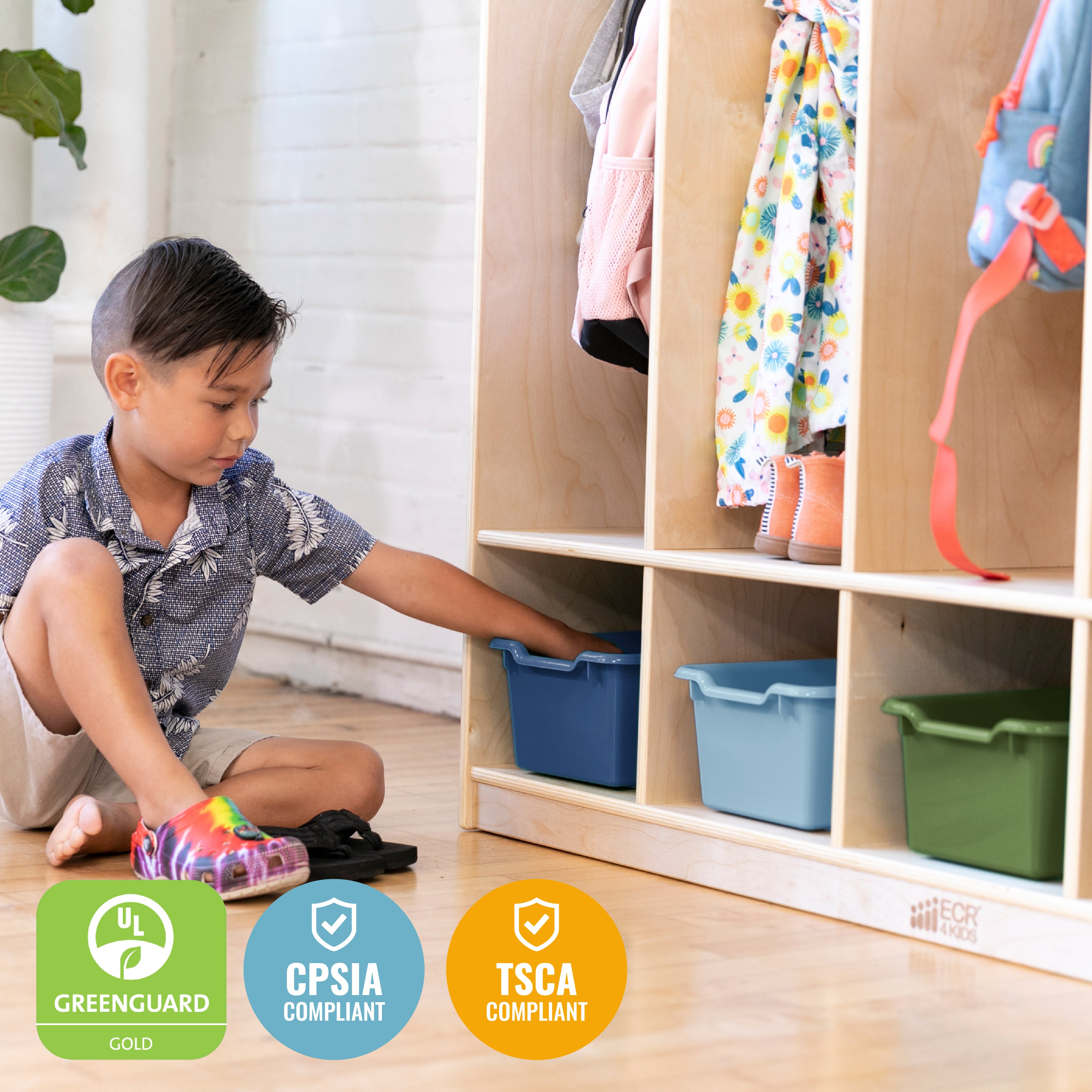 5-Section Coat Locker and Scoop Front Storage Bins, Natural