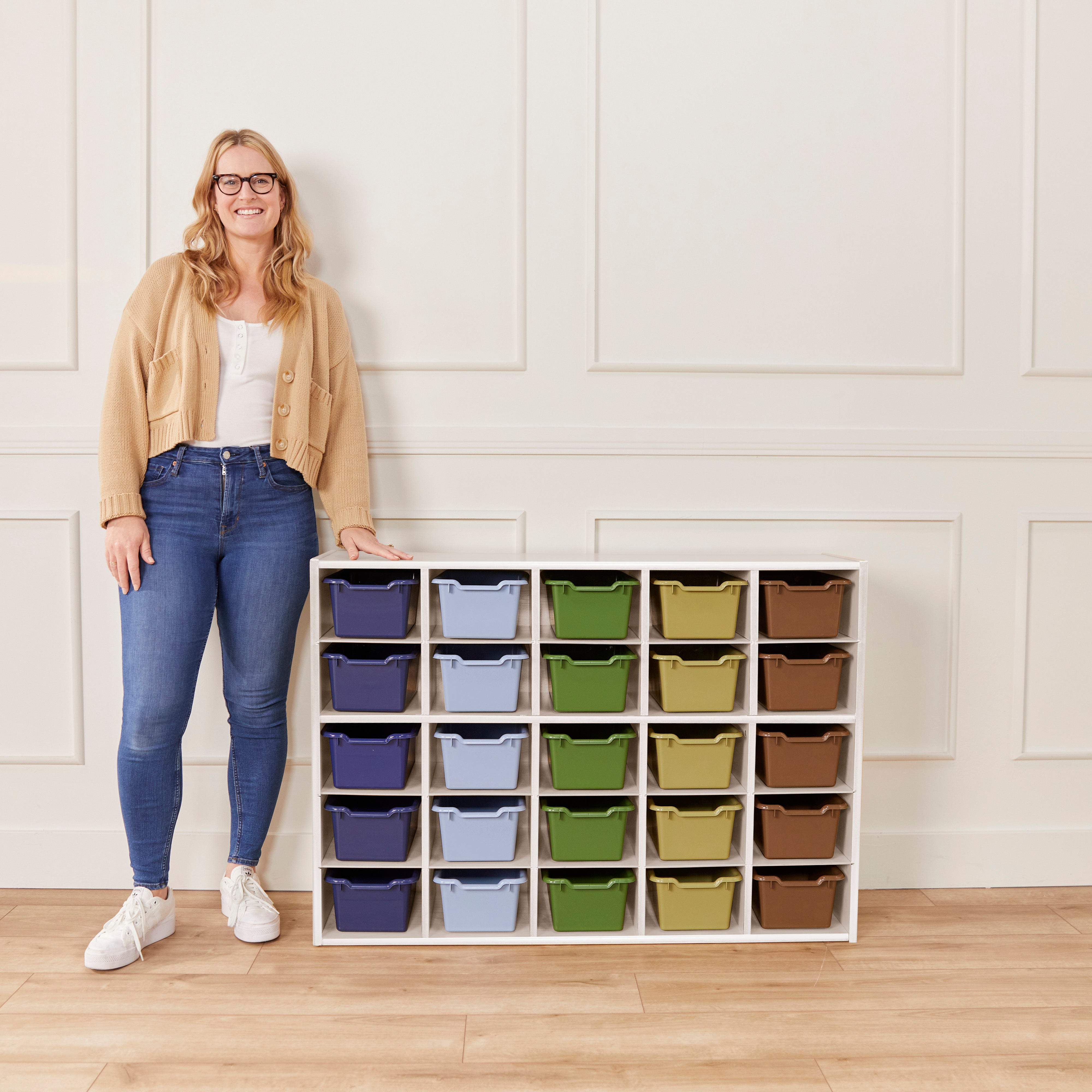 Streamline 25 Cubby Tray Cabinet with 25 Scoop Front Storage Bins, 5x5, White Wash
