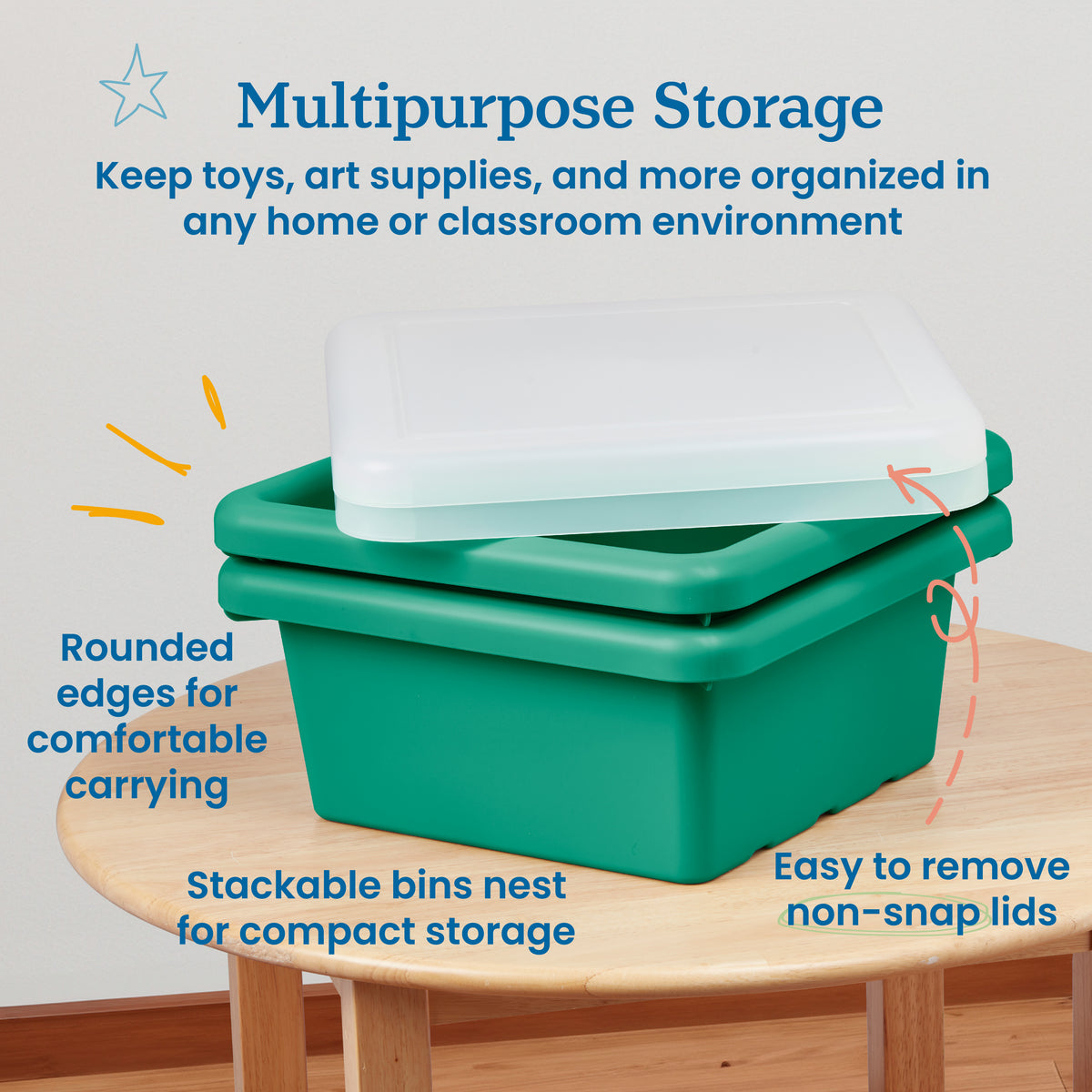 Stackable Square Bins with Non-Snap Lids, 2-Pack