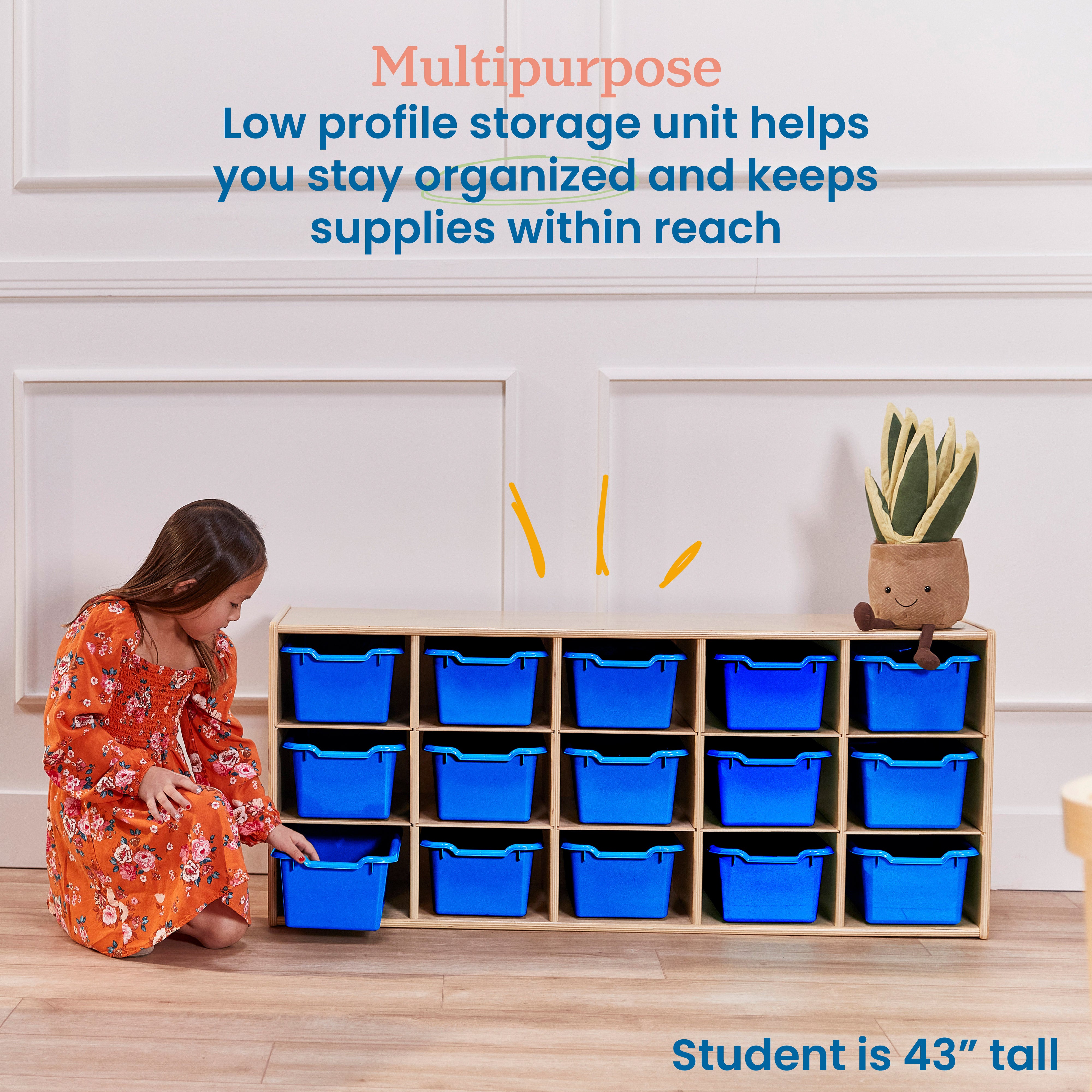 Streamline 15 Cubby Tray Cabinet with 15 Scoop Front Storage Bins, 3x5, Natural