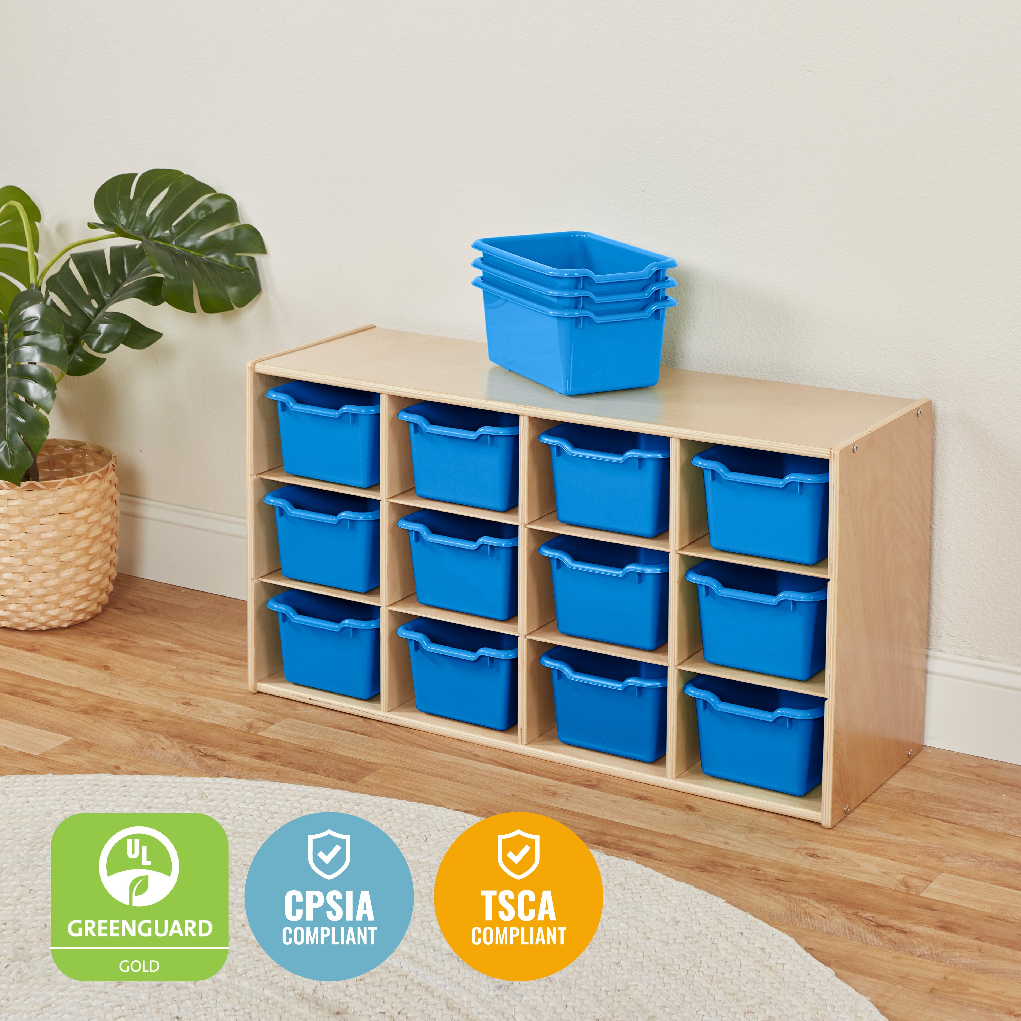 Streamline 12 Cubby Tray Cabinet with 15 Scoop Front Storage Bins, 3x4, Natural