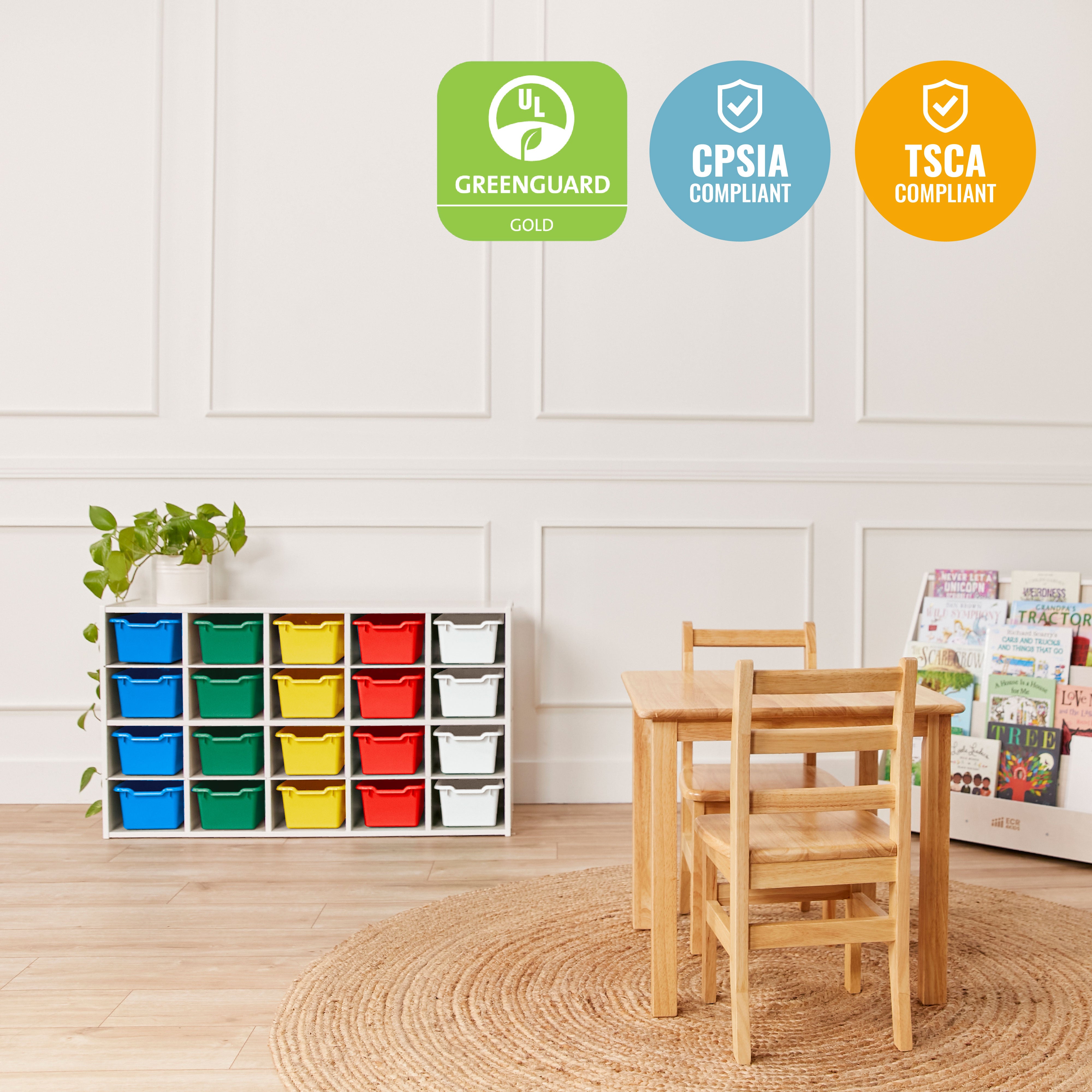 Streamline 20 Cubby Tray Storage Cabinet with 20 Scoop Front Storage Bins, 4x5, White Wash