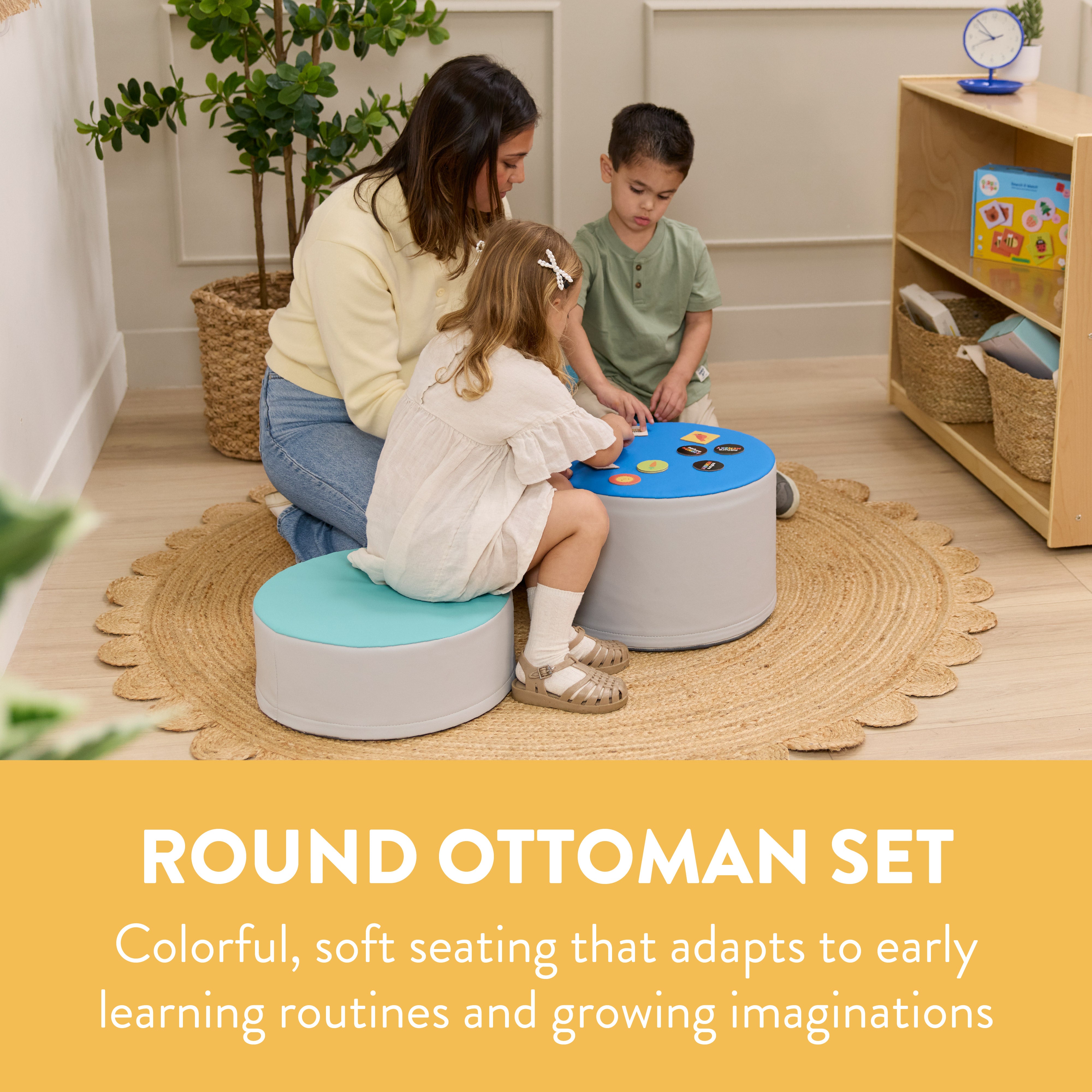 Round Two-Tone Ottomans, 3-Piece
