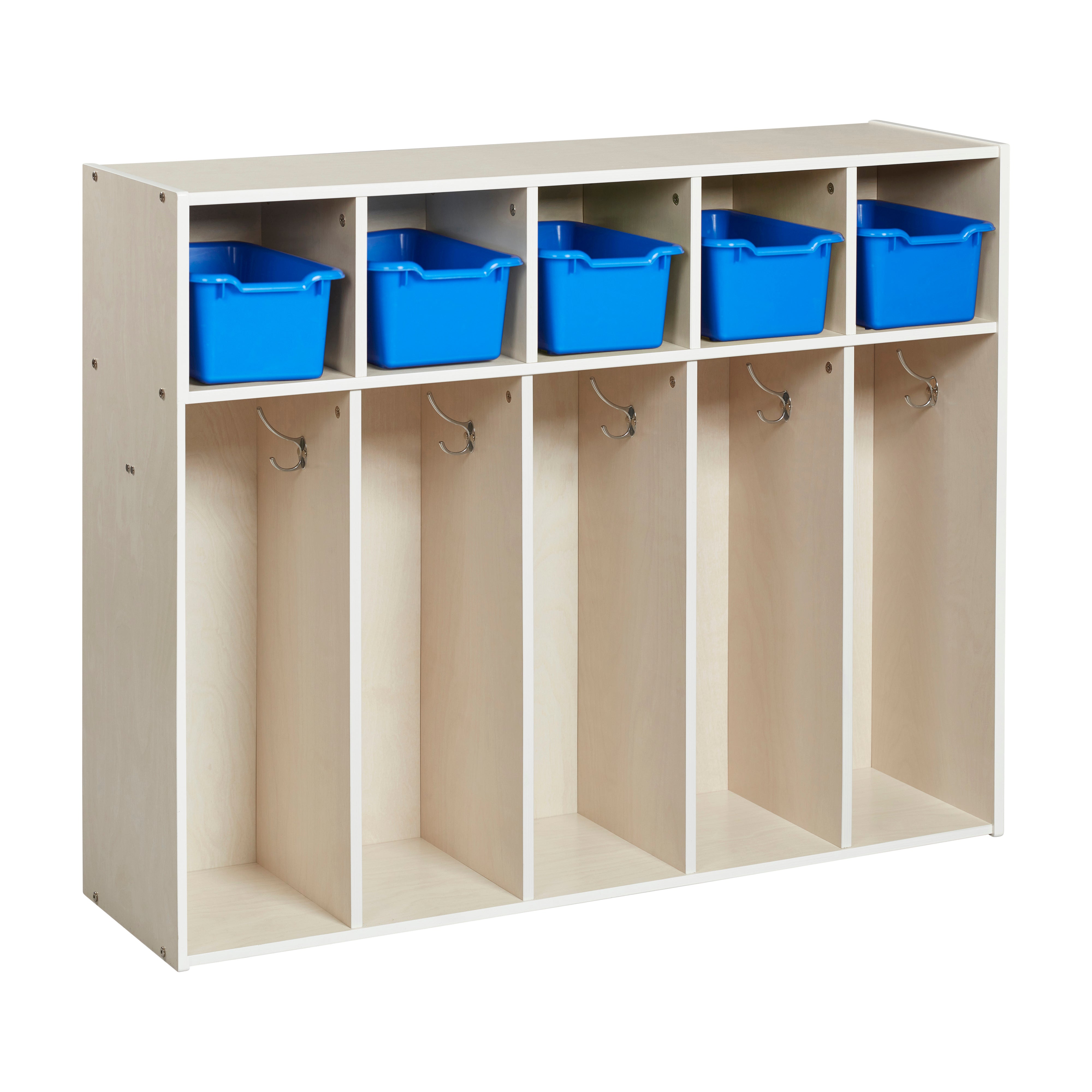 Streamline 5-Section Coat Locker with Scoop Front Storage Bins, Toddler Size, White Wash