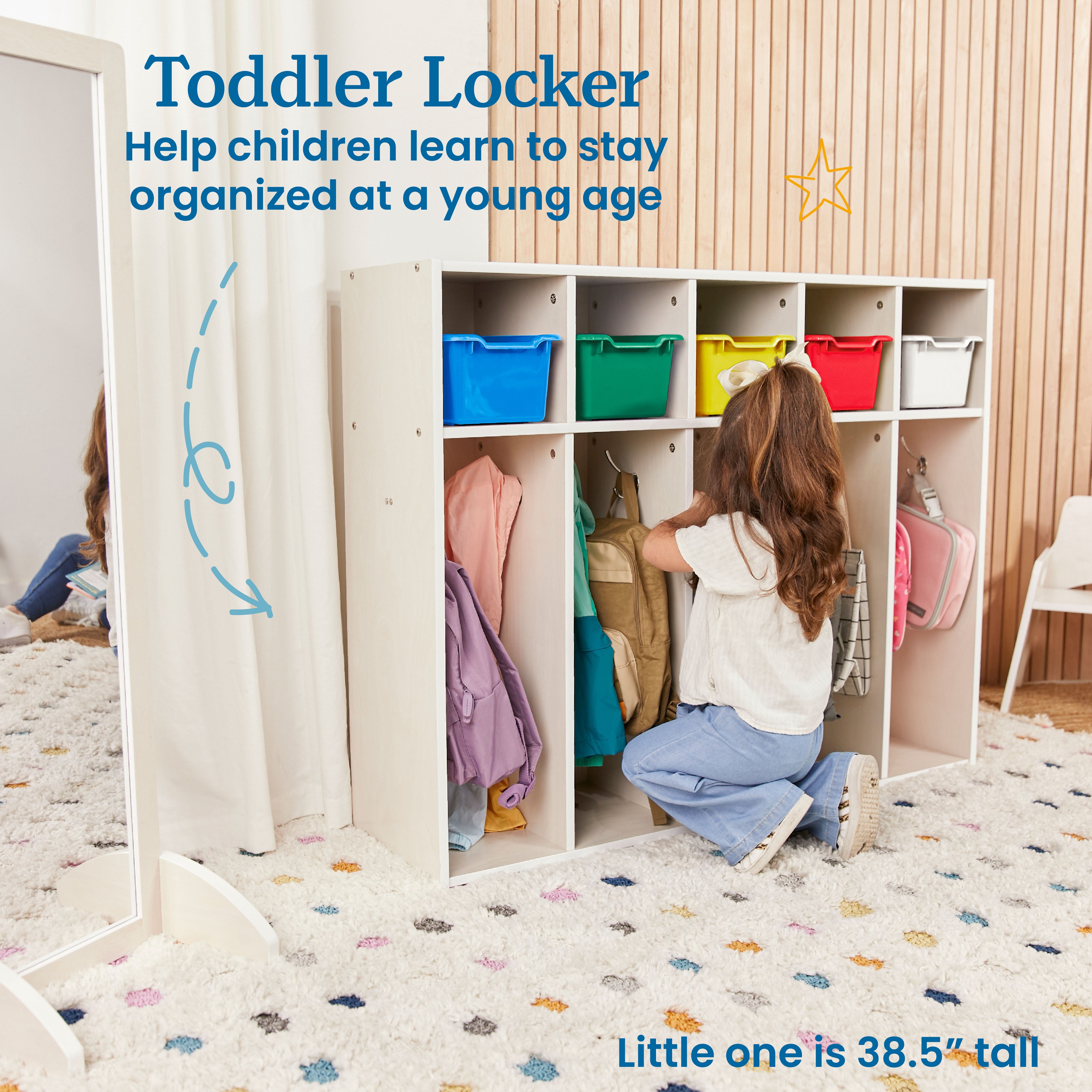 Streamline 5-Section Coat Locker with Scoop Front Storage Bins, Toddler Size, White Wash