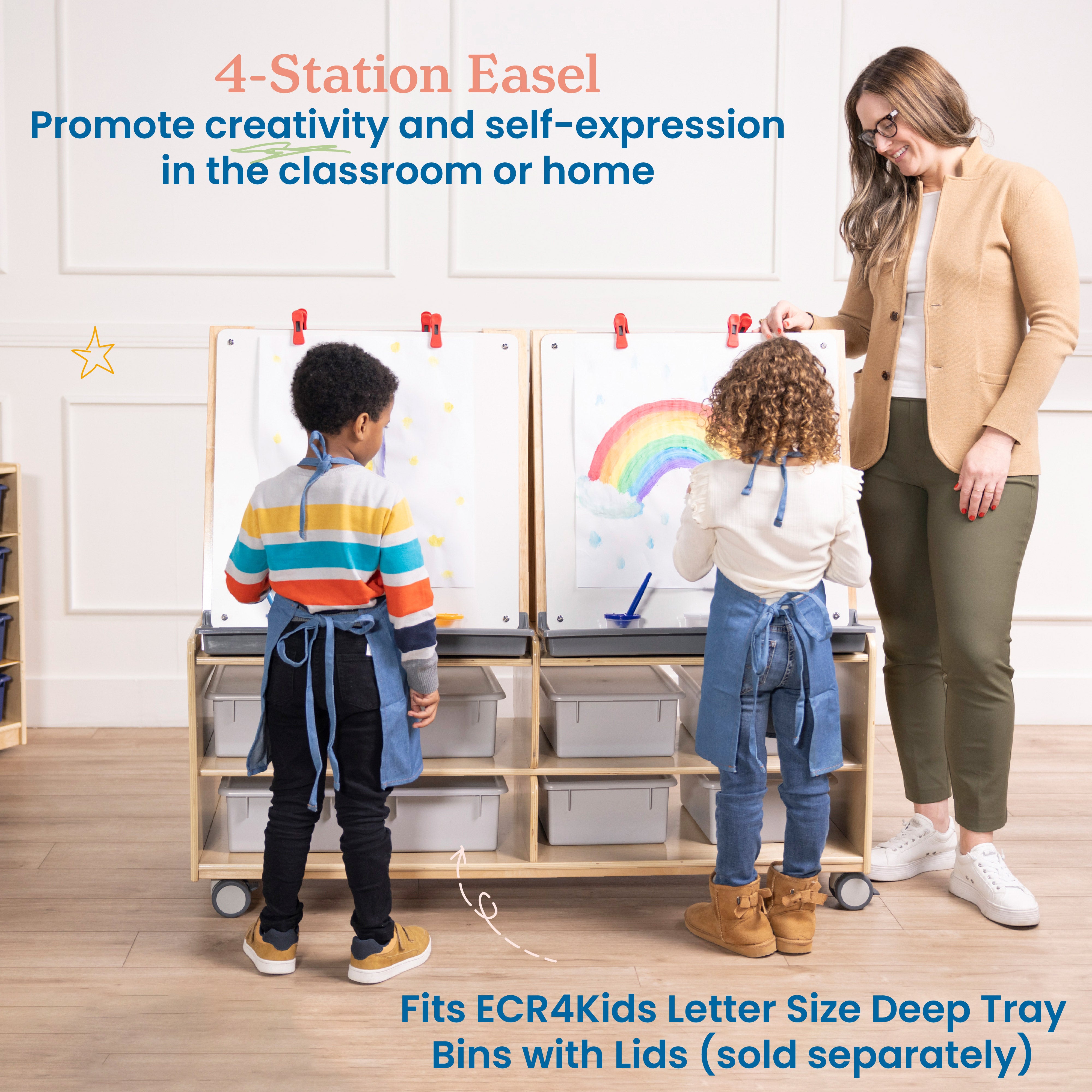 Double-Sided Mobile Art Easel with Storage and Clips