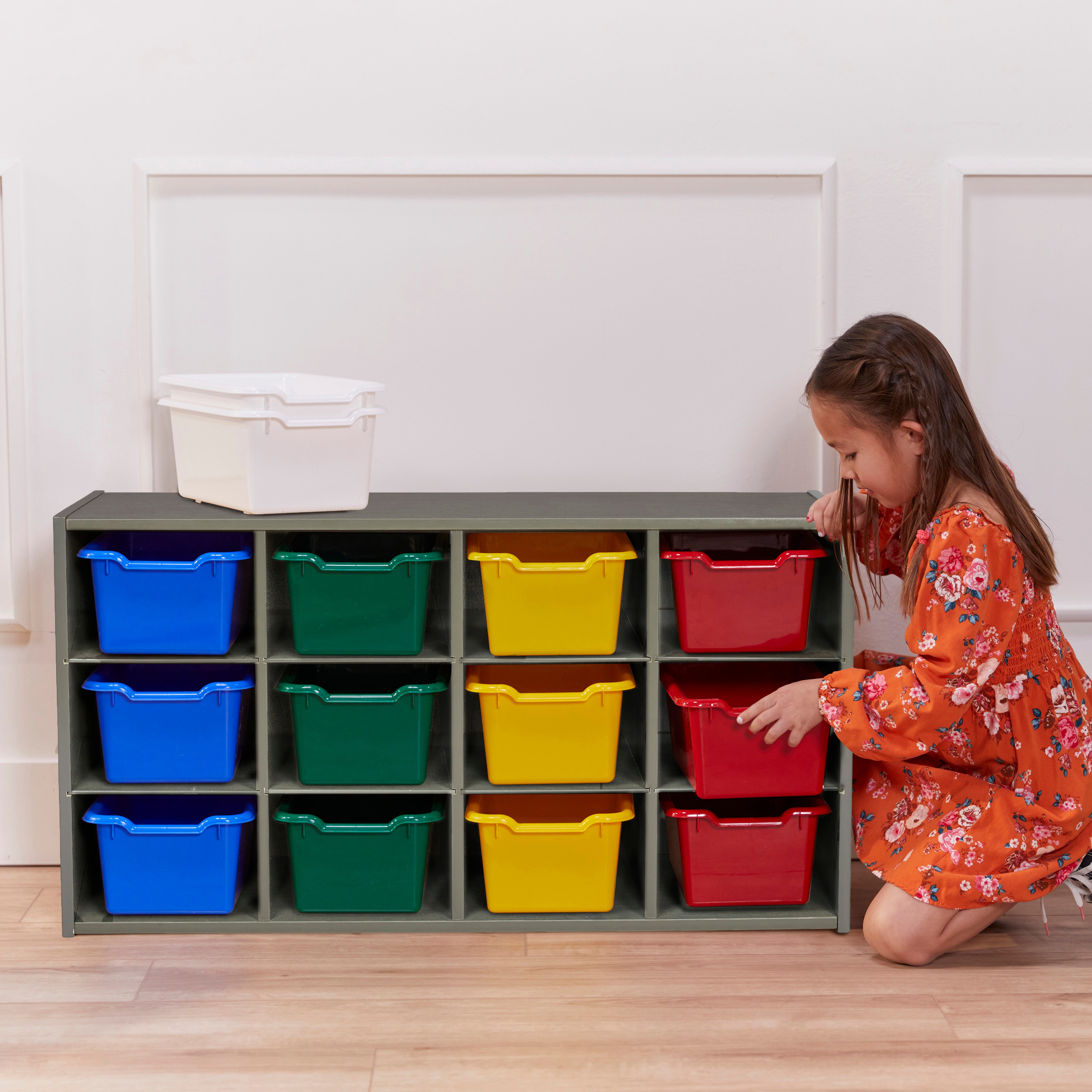 Streamline 12 Cubby Tray Cabinet with Scoop Front Storage Bins, 3x4, Grey Wash, Classroom Furniture