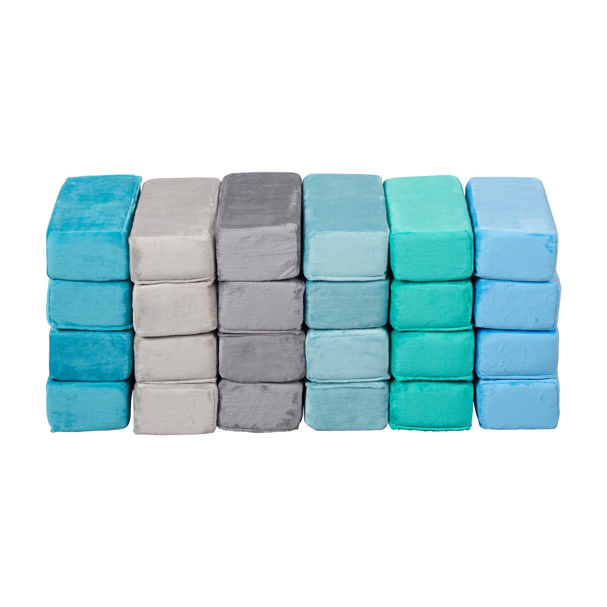 Twenty-four foam building blocks arranged in six columns of four, in shades of blue, gray, teal, and turquoise.