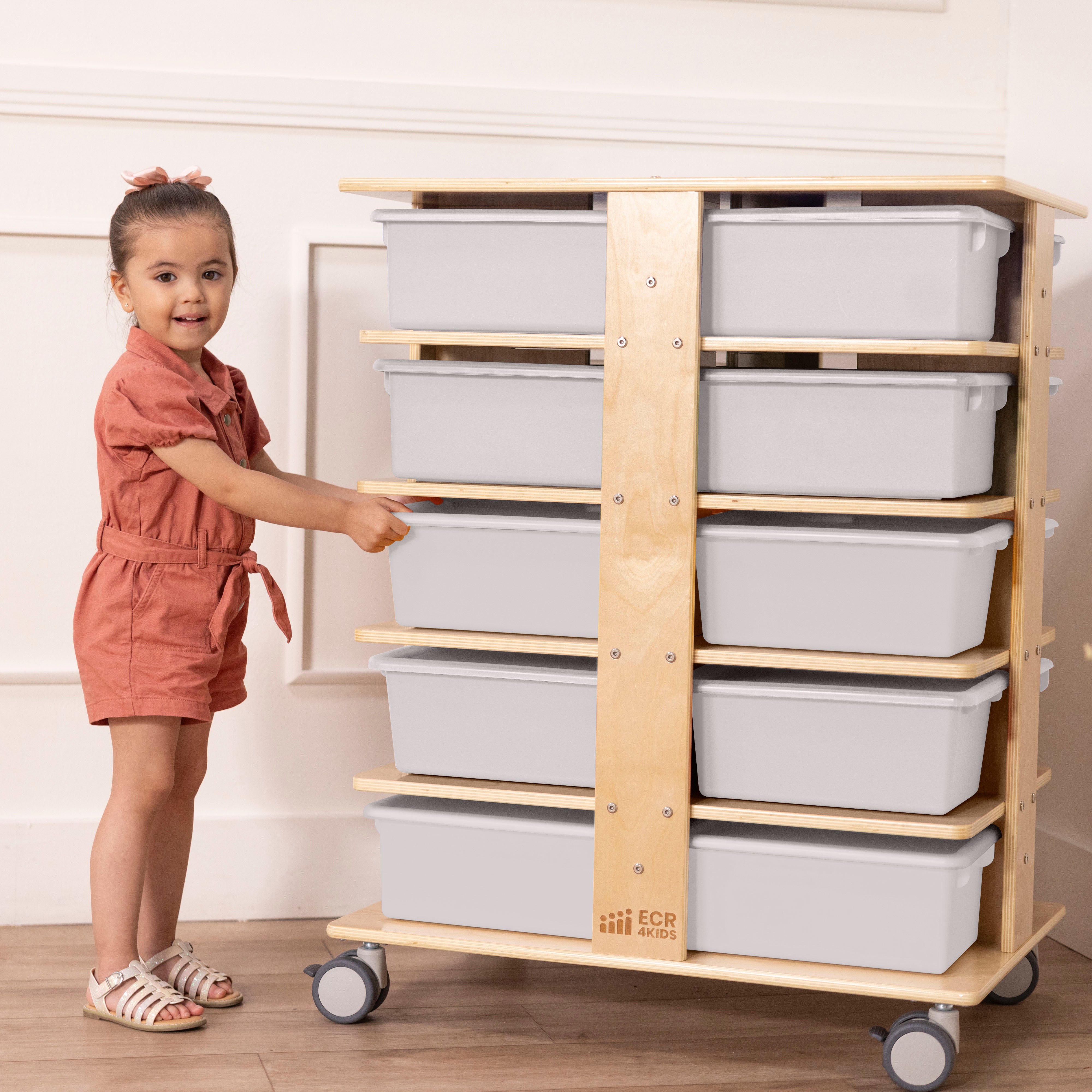 20-Compartment Mobile Storage Tower with Cubby Bins with Lids, 5x4, Natural