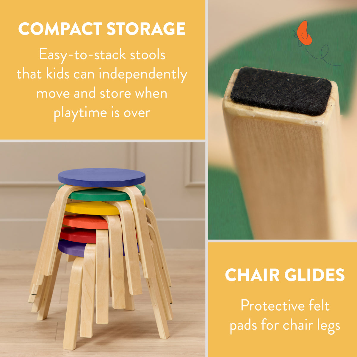 Six wooden stackable stools with colored seats stacked together, featuring bentwood legs and felt pads on feet.