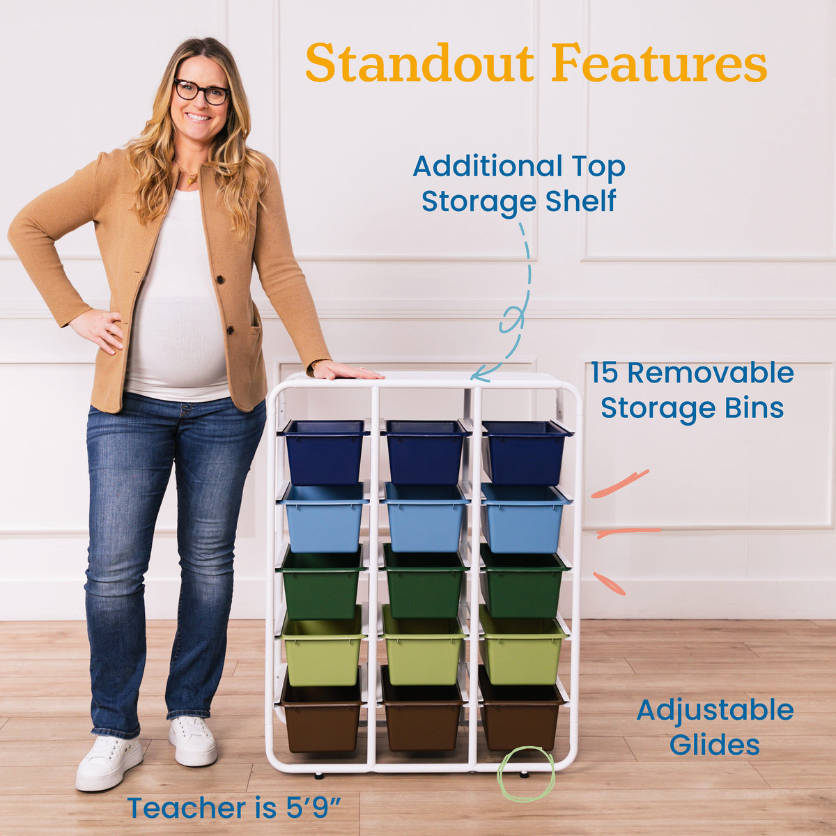 5-Tier Storage Rack with 15 Cubby Bins, 5x3
