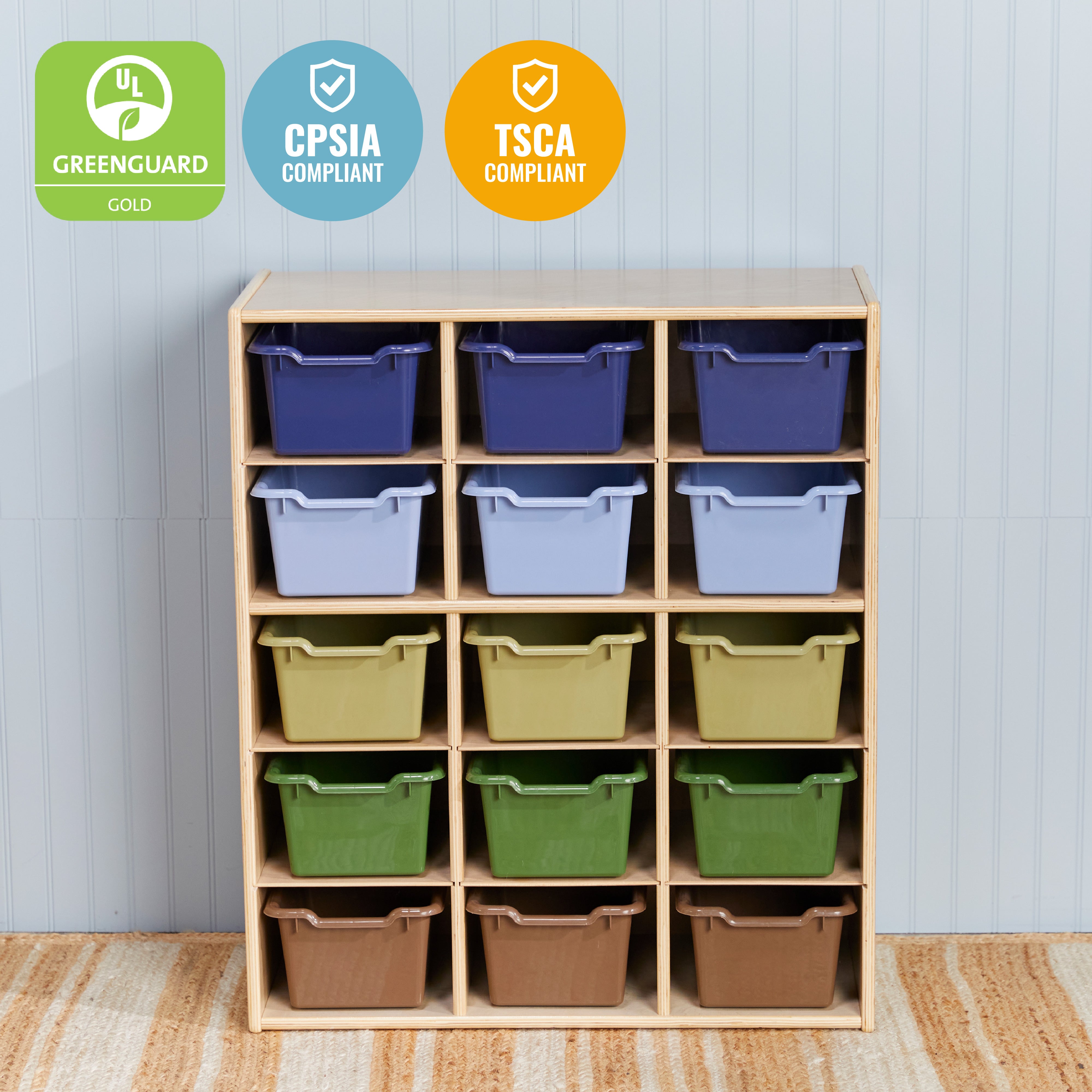 Streamline 15 Cubby Tray Cabinet with 15 Scoop Front Storage Bins, 5x3, Natural
